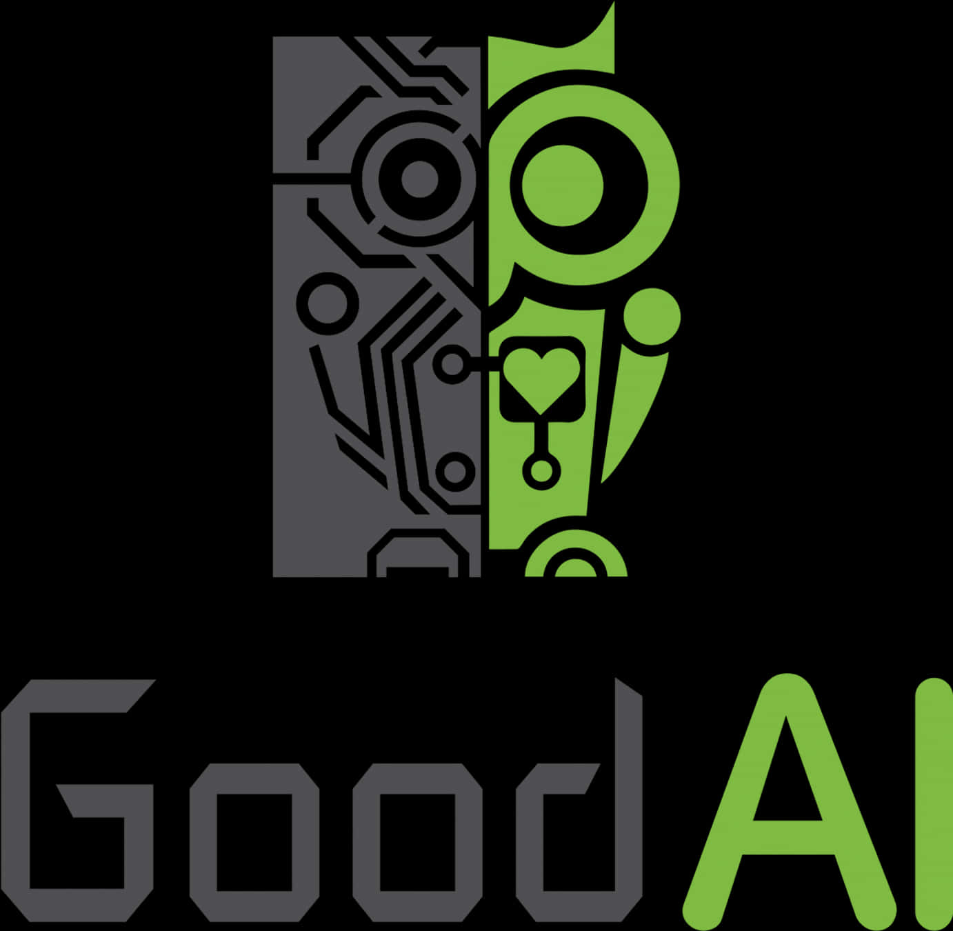 artificial intelligence 桌布 壁紙 — 一個風格化的貓頭鷹標誌，分為灰色電路半邊和綠色心形主題半邊，下方有「GoodAI」文字。