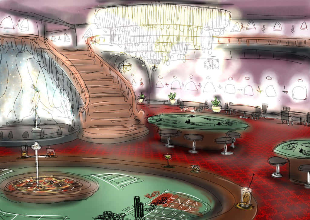 Casino 桌布 壁紙 — 一個風格化的賭場內部，設有輪盤賭桌、撲克牌桌和發光吊燈下的大樓梯。