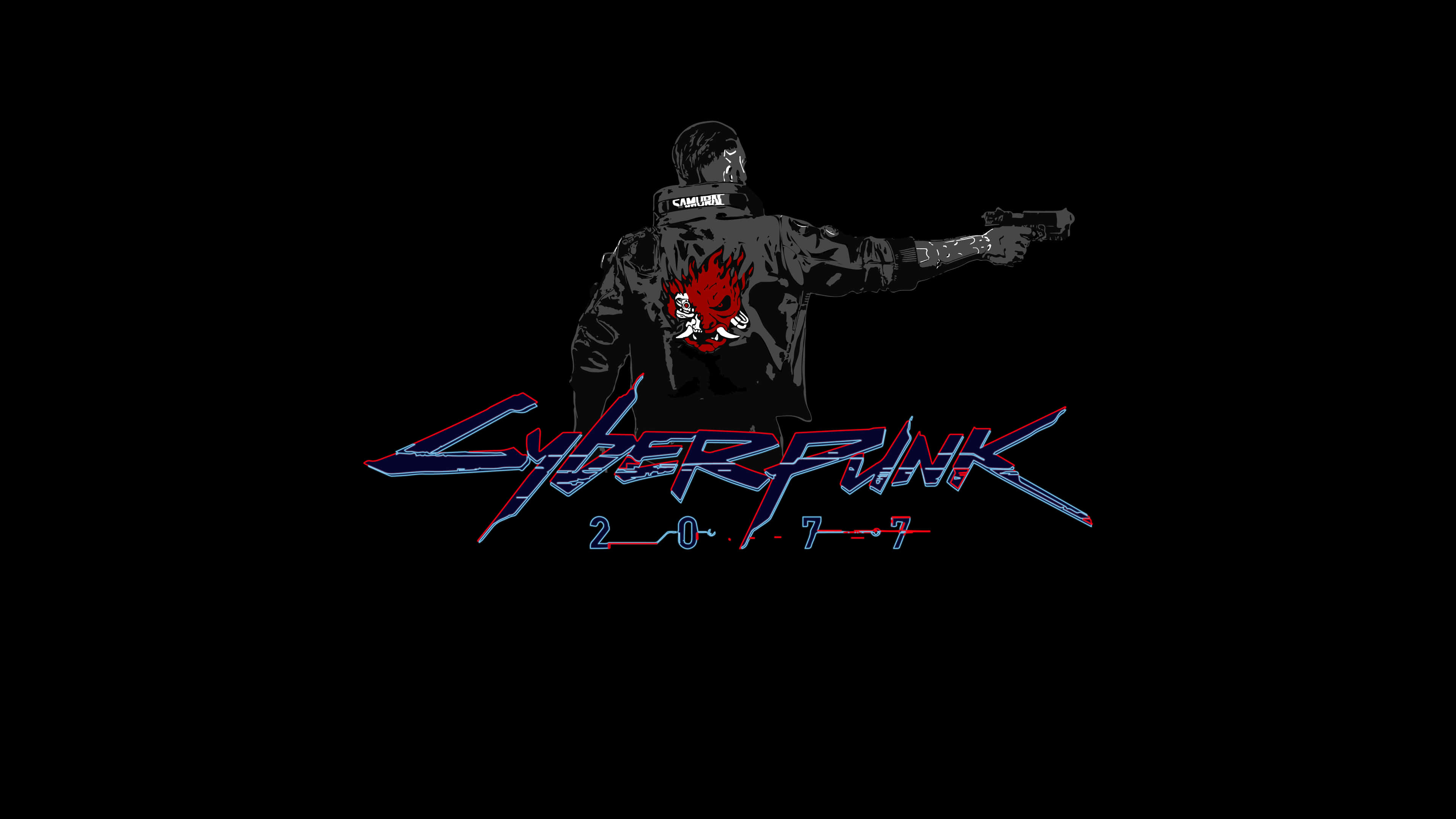 Dark Cyberpunk 桌布 壁紙 — 一個風格化的賽博龐克人物，身穿黑色外套，帶有紅色火焰骷髏標誌，在黑暗背景中瞄準槍支，背景有發光的霓虹燈 'Cyberpunk 2077' 文字。