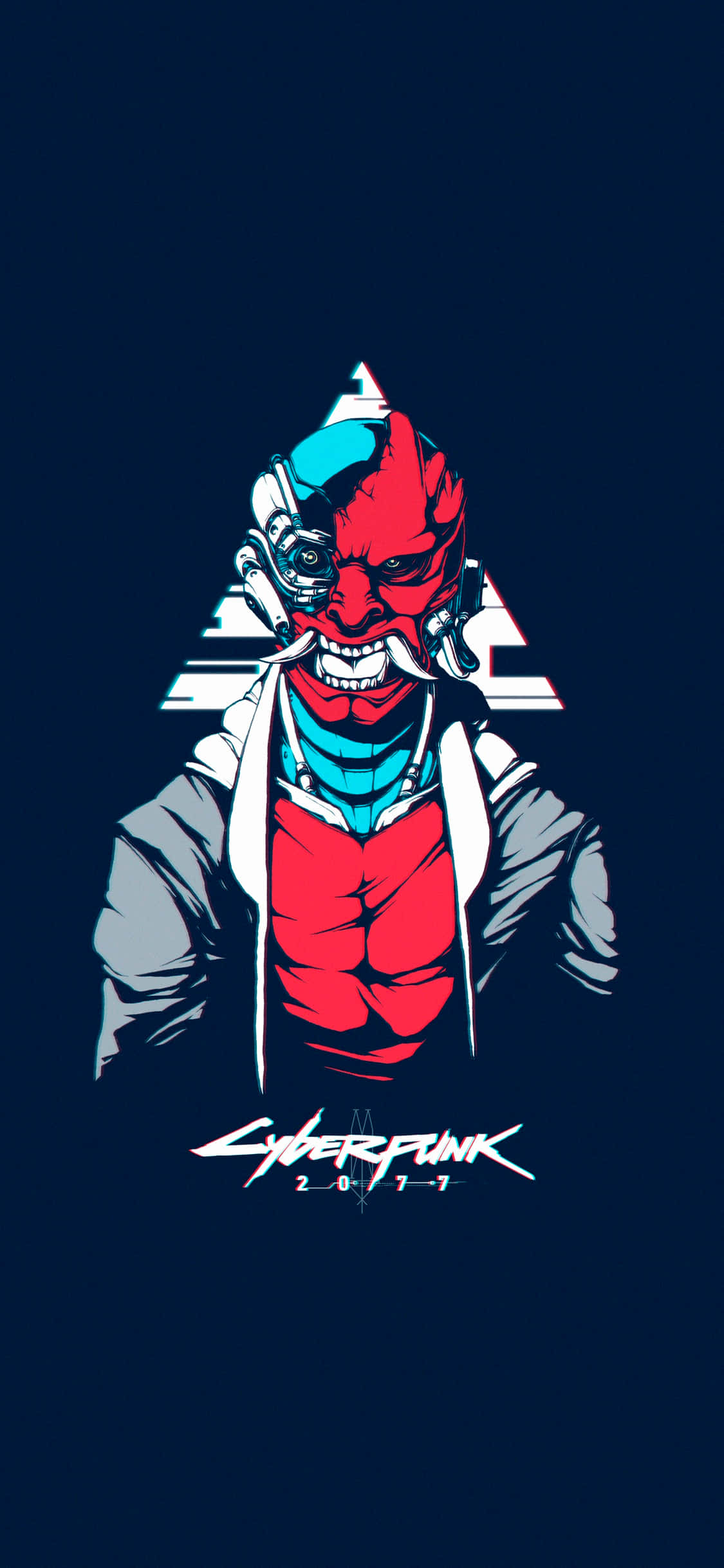 Pixel 3xl Cyberpunk 2077 桌布 壁紙 — 一個風格化的賽博龐克角色，擁有紅色惡魔面孔和機械眼睛，背景為深藍色。