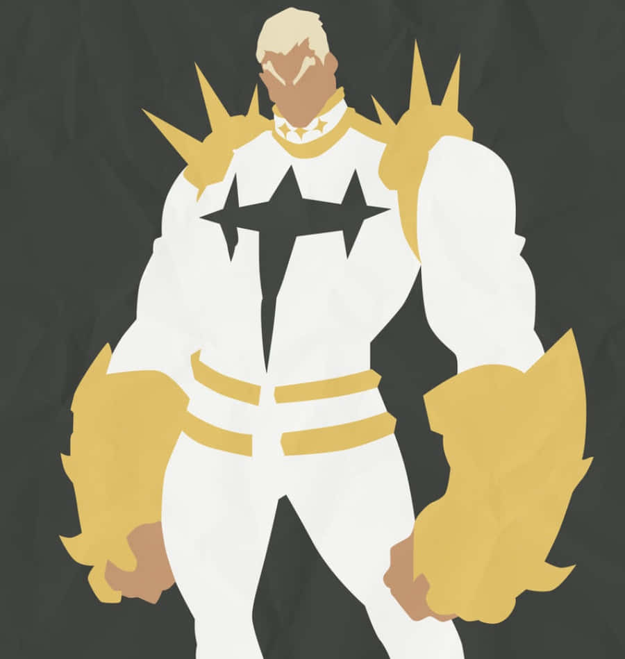 Ira Gamagoori 桌布 壁紙 — 一個風格化的超級英雄，金髮和金色尖刺盔甲，自信地穿著帶有黑色星星標誌的白色套裝。