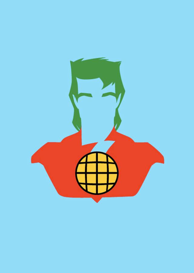 Captain Planet 桌布 壁紙 — 一個風格化的超級英雄剪影，擁有綠色頭髮和紅色斗篷，在淺藍色背景上拿著一個黃色網格地球儀。