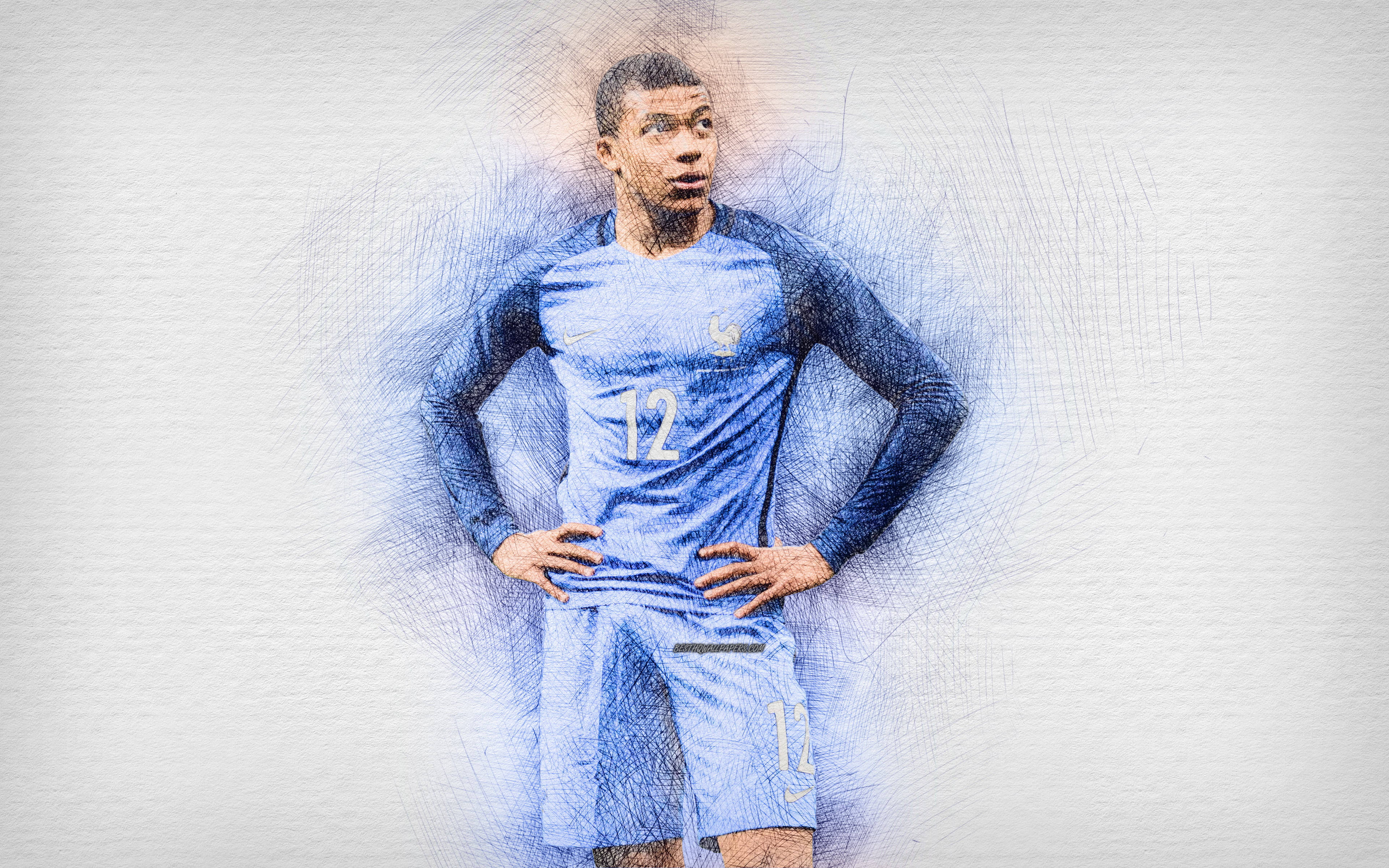 Mbappe 桌布 壁紙 — 一個風格化的足球員草圖，身穿藍色球衣，號碼12，自信地雙手叉腰站立。