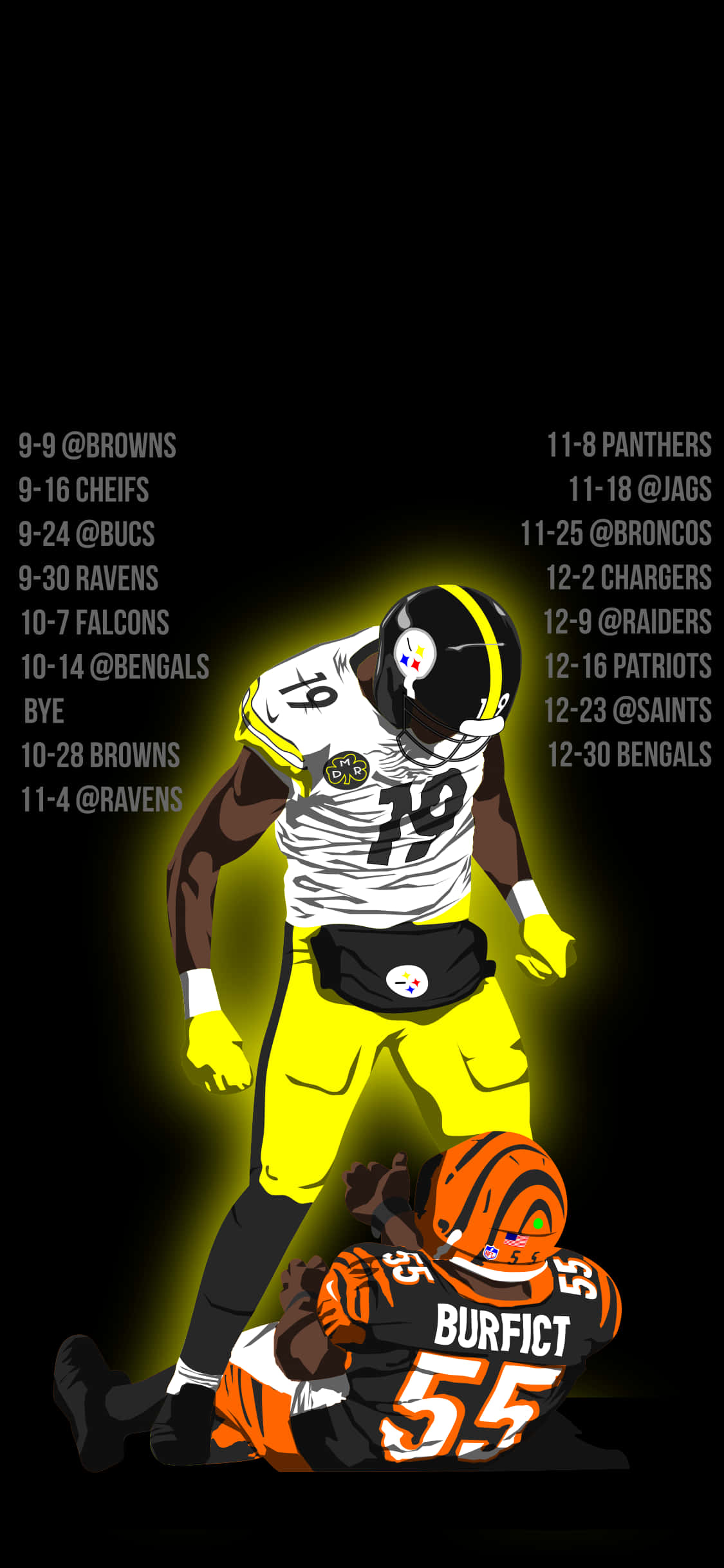 Steelers iPhone 桌布 壁紙 — 一個風格化的足球運動員穿著黃色和黑色制服，站在一個橙色和黑色的倒下的對手之上，帶有發光的黃色亮點，背景為黑色。