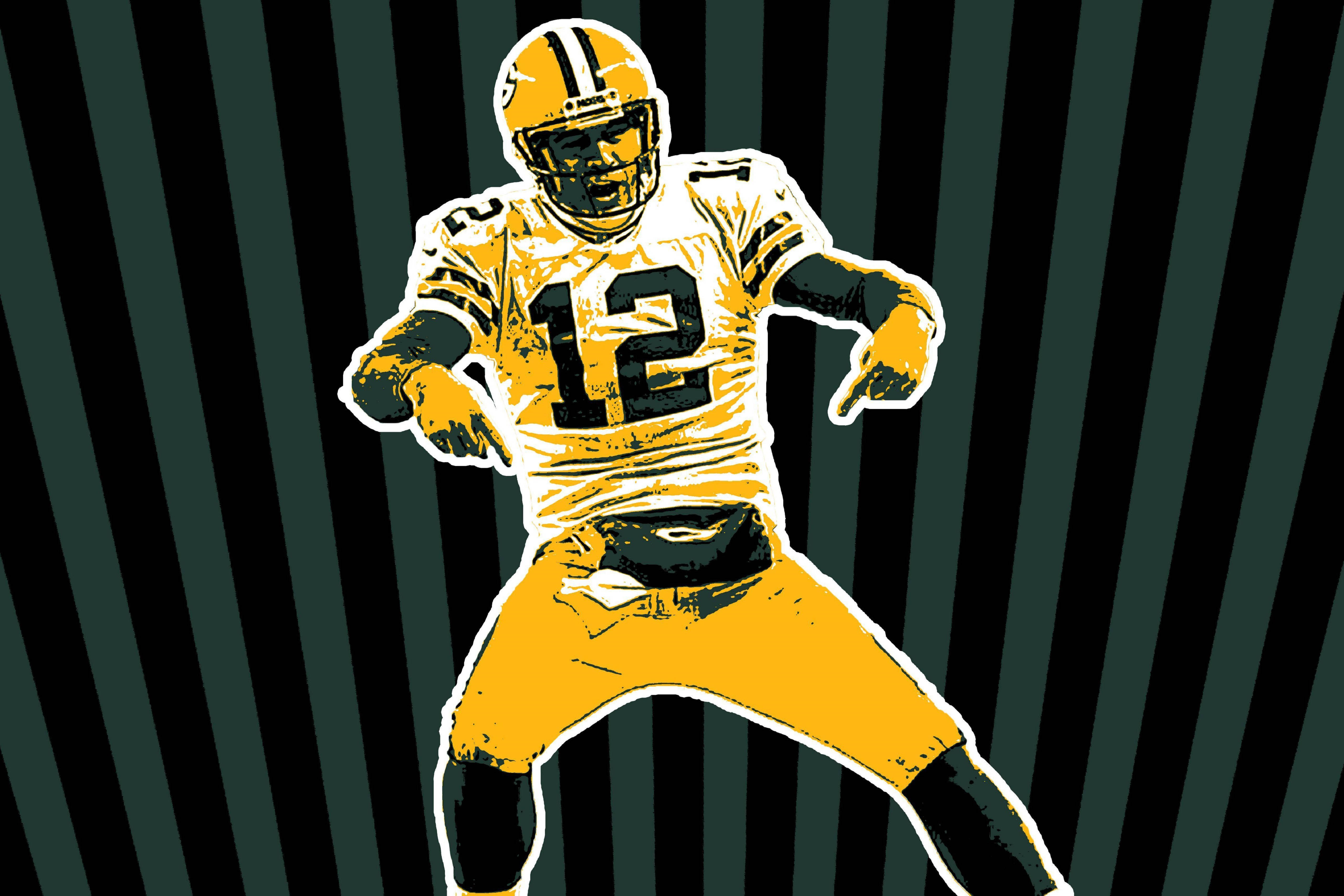 Aaron Rodgers 桌布 壁紙 — 一個風格化的足球運動員身穿黃色球衣12號，動態地站在黑色和綠色條紋背景前。