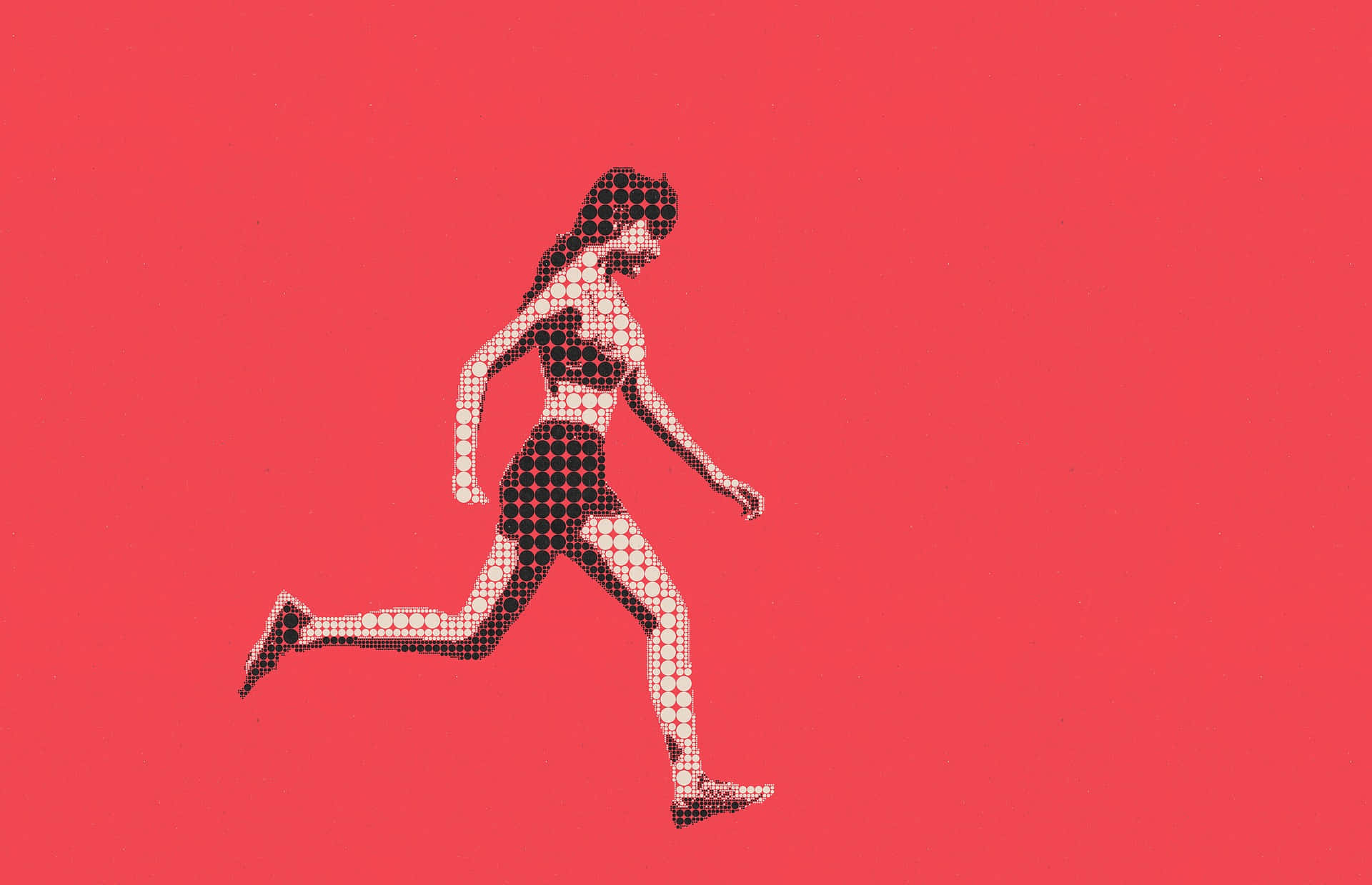 Exercise 桌布 壁紙 — 一個風格化的跑步者以圓點圖案在純珊瑚色背景上動態奔跑。