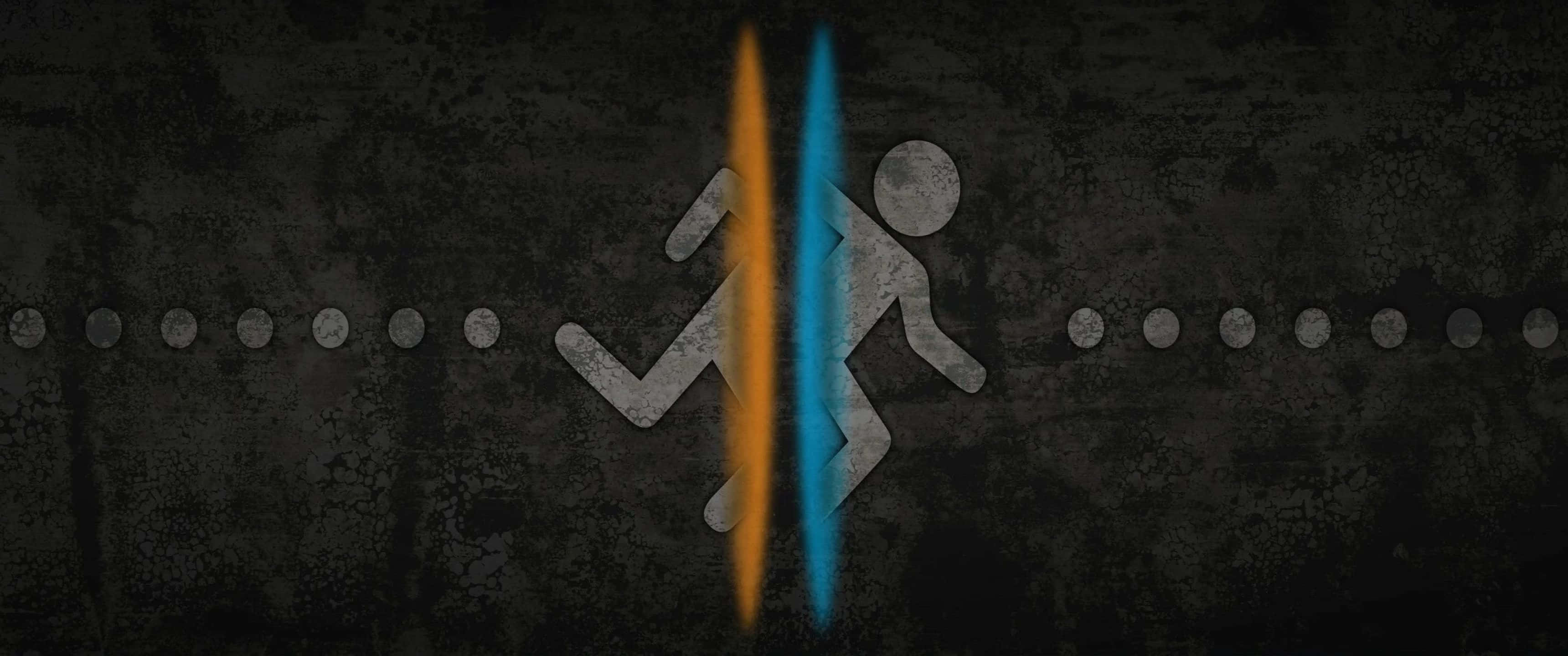 3440x1440p Portal 2 桌布 壁紙 — 一個風格化的跑步者形象，被一道發光的橙色和藍色垂直光束分割，背景是紋理深灰色牆壁。