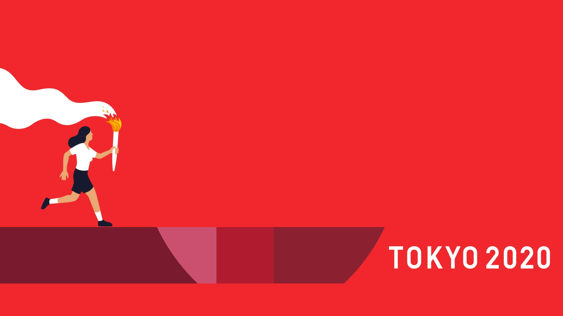 奧運 桌布 壁紙 — 一個風格化的跑者手持燃燒的火炬，在帶有「TOKYO 2020」文字的紅色平台上奔跑，背景為純紅色。