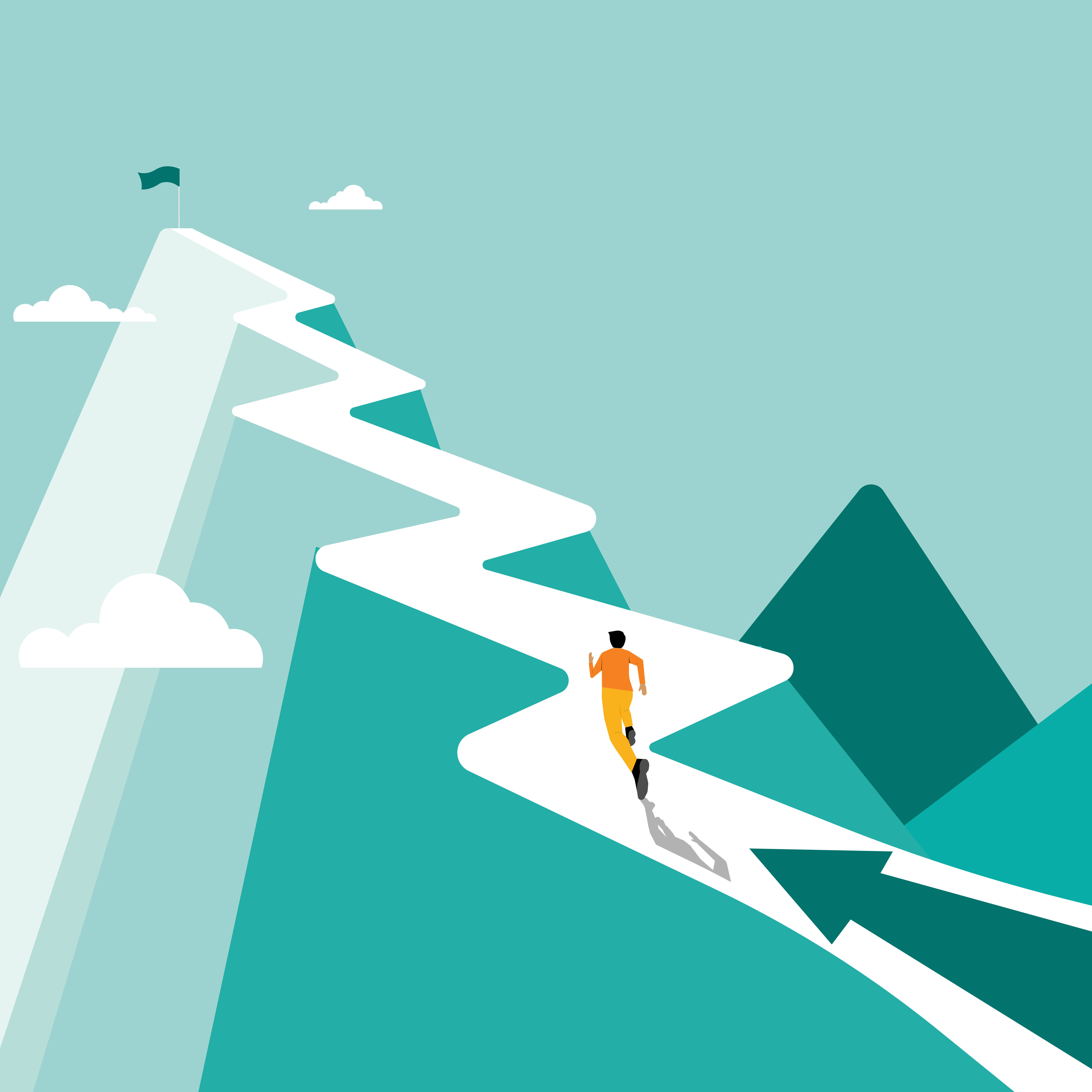 Leadership 桌布 壁紙 — 一個風格化的跑者沿著蜿蜒的山路，在晴朗的天空下向山頂的旗幟前進。