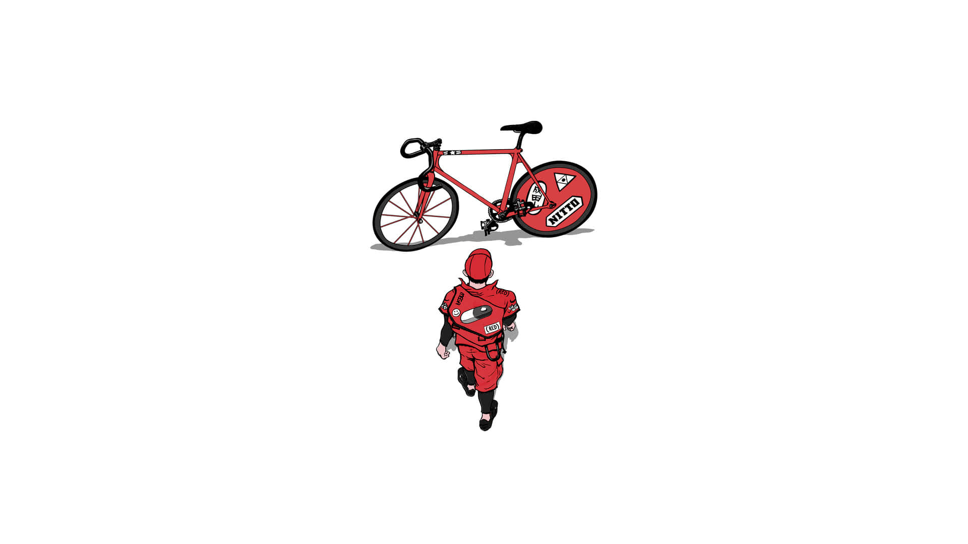 minimalistic 桌布 壁紙 — 一個風格化的跑者穿著紅色裝備，在白色背景前扛著一輛紅色固定齒輪腳踏車。