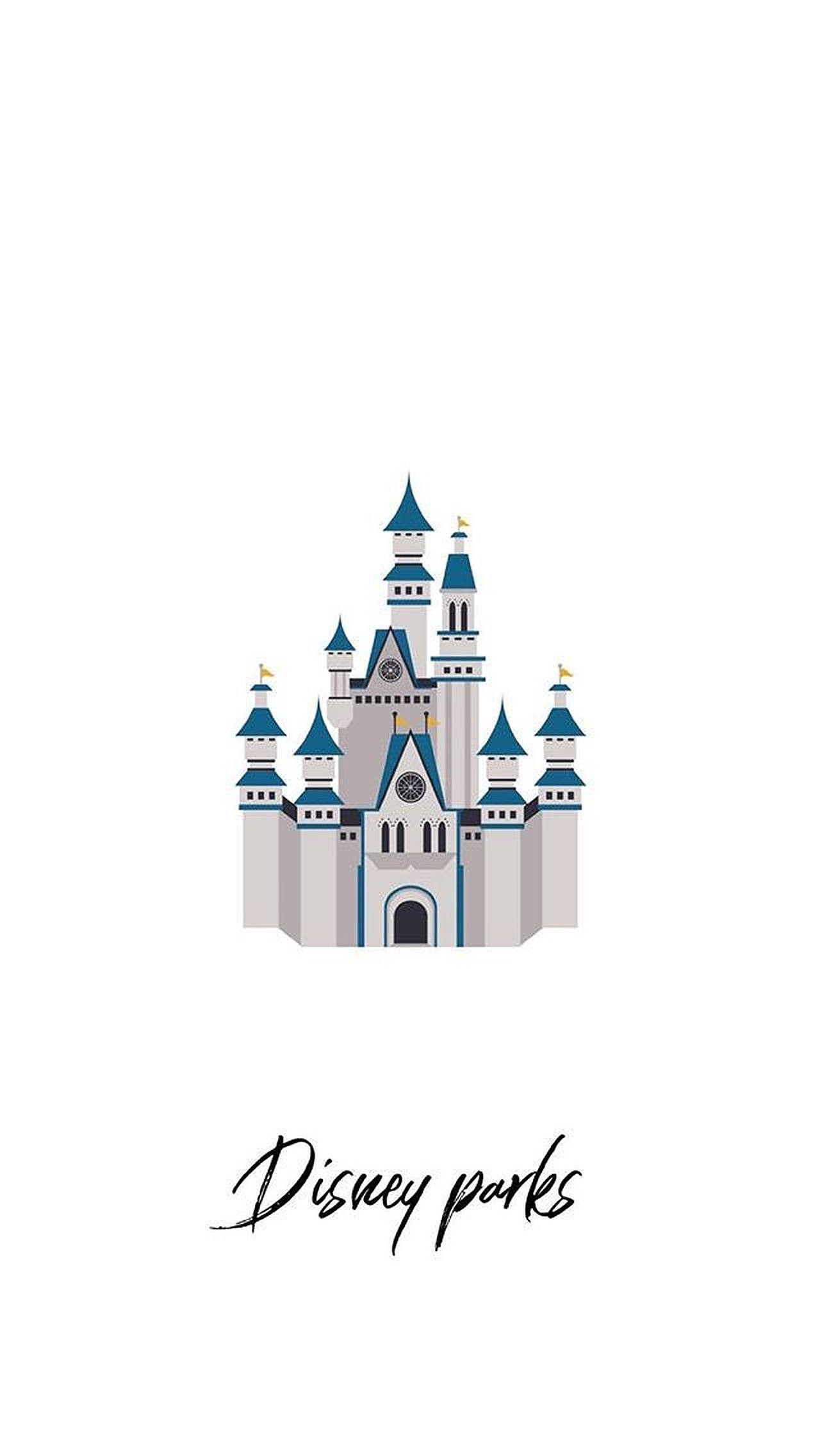Disney Logo 桌布 壁紙 — 一個風格化的迪士尼城堡，藍色屋頂和白色牆壁，居中在純白色背景上。