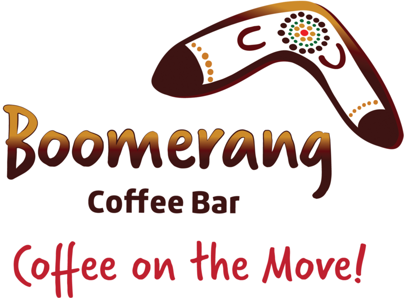 Boomerang 桌布 壁紙 — 一個風格化的迴力鏢，帶有原住民點畫設計，彎曲在黑色背景上粗體文字「Boomerang Coffee Bar」和「Coffee on the Move!」之上。