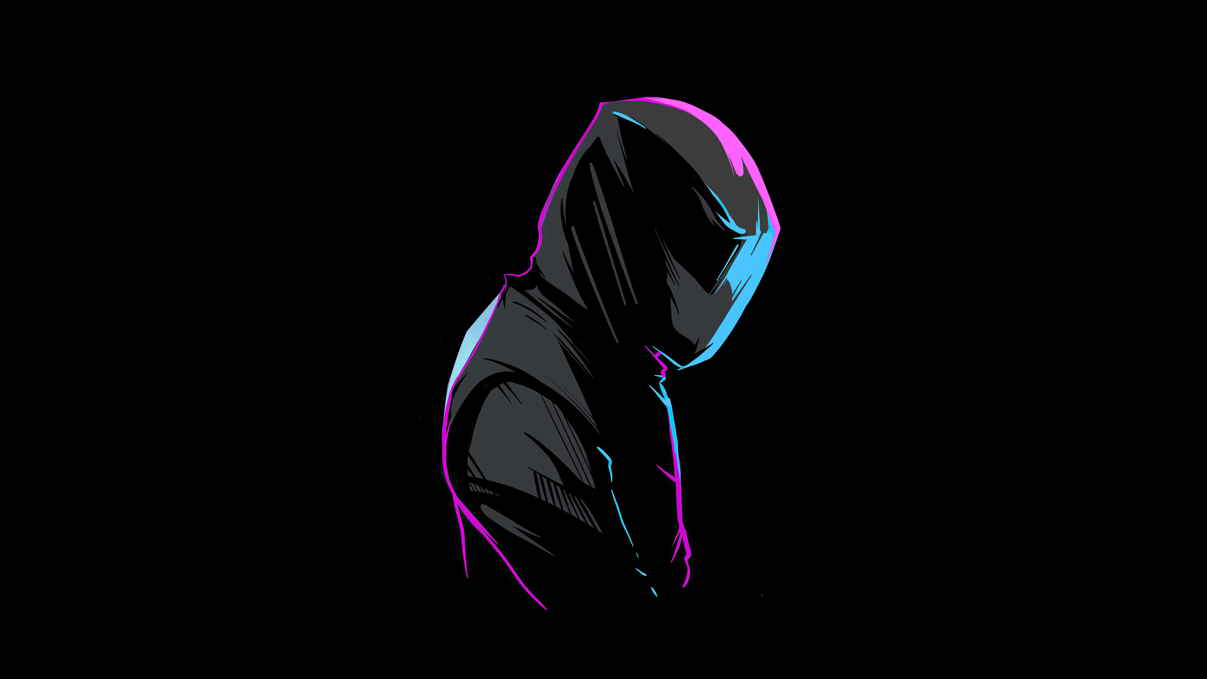 2560x1080 Minimal 桌布 壁紙 — 一個風格化的連帽人物，以螢光粉紅和藍色勾勒在黑色背景上。