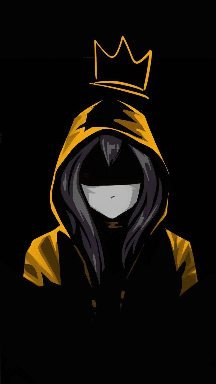 Cool Girl Cartoon 桌布 壁紙 — 一個風格化的連帽人物，戴著發光的黃色皇冠和面罩，站在黑色背景前。