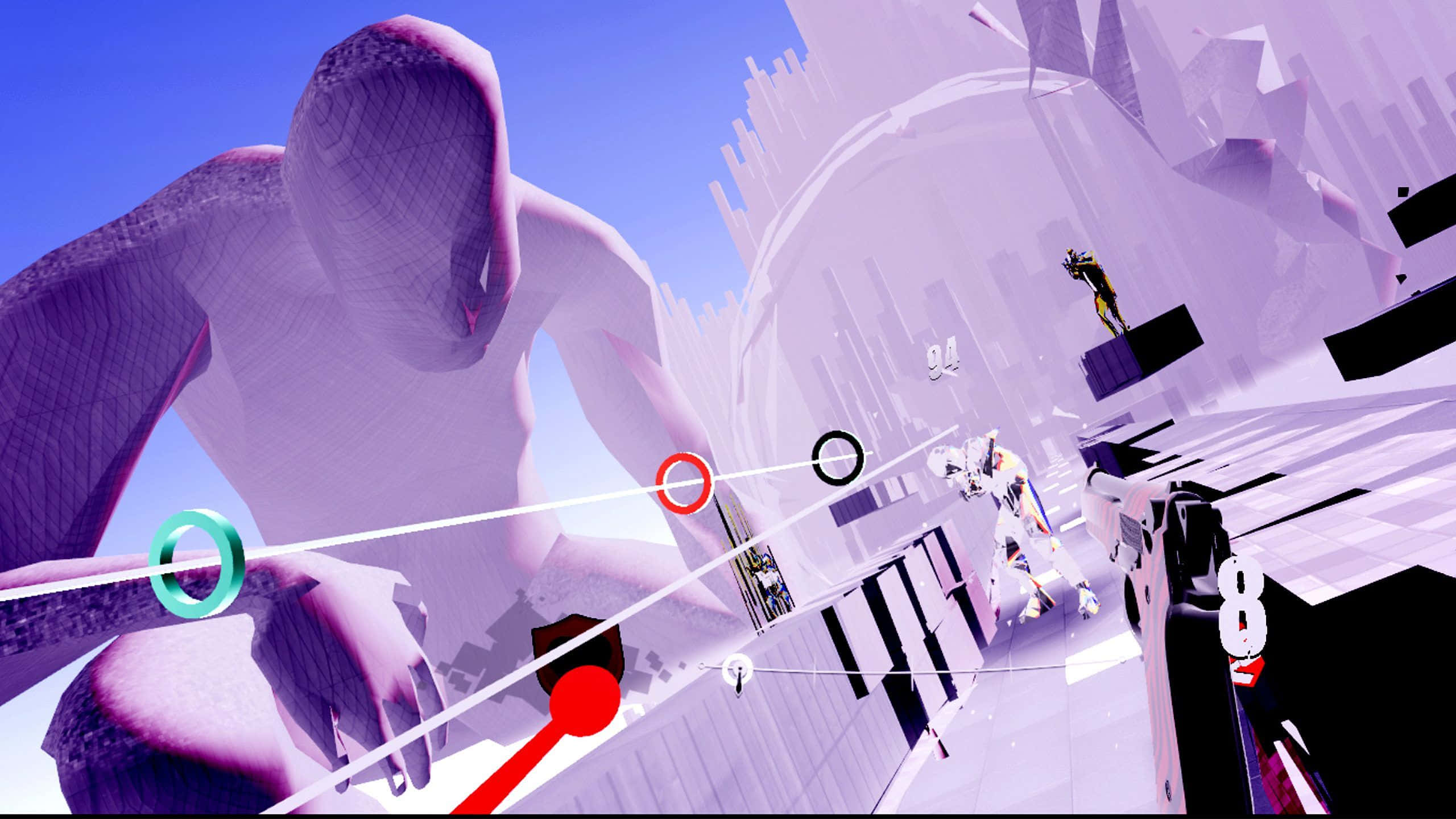 Oculus Quest 2 桌布 壁紙 — 一個風格化的遊戲場景，有一個巨大的紫色人物和一個小角色在明亮的藍天下於浮動平台上導航。