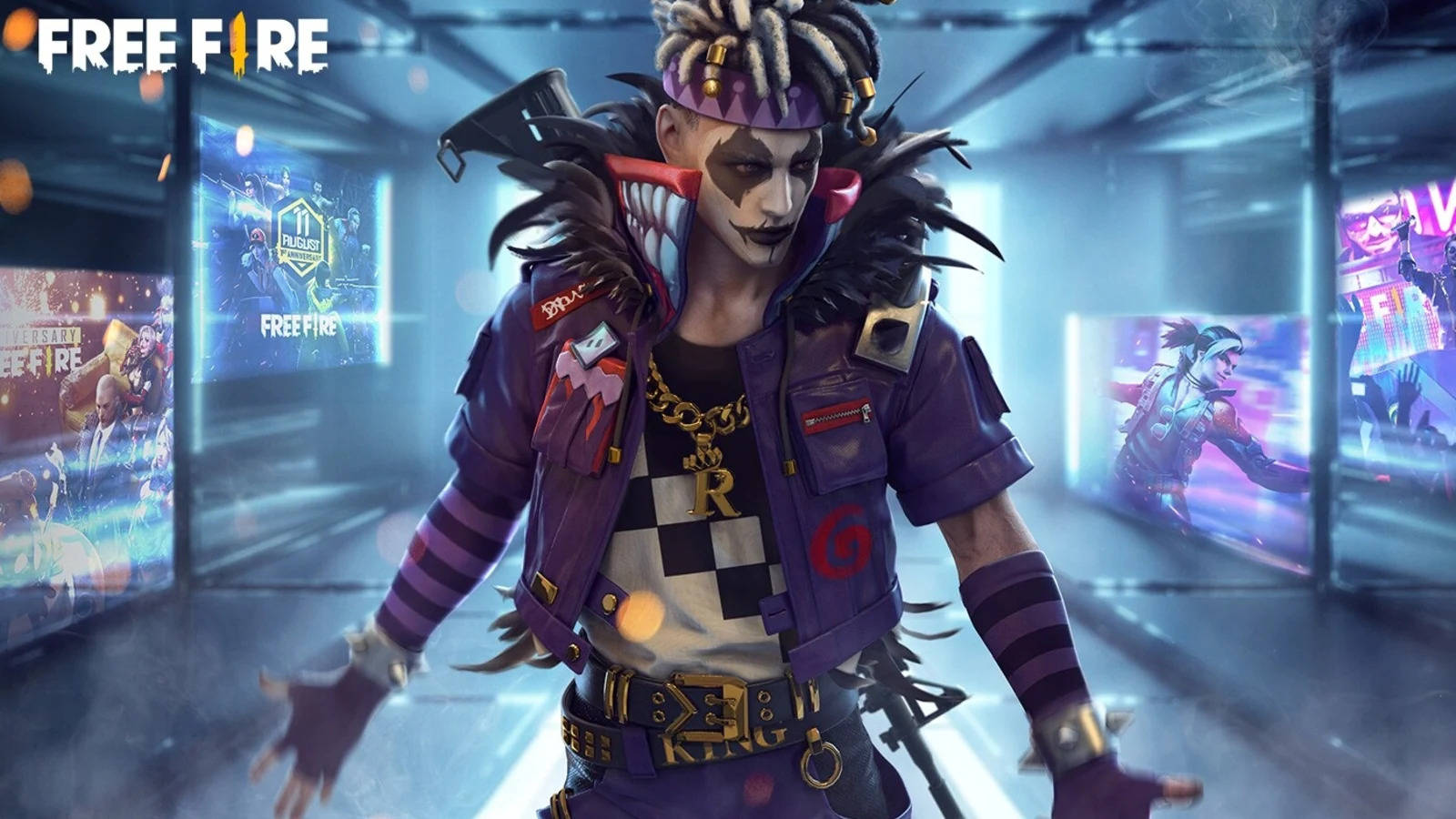 free fire banner 桌布 壁紙 — 一個風格化的遊戲角色，梳著辮子頭，身穿紫色外套，站在霓虹燈照亮的未來感走廊中。