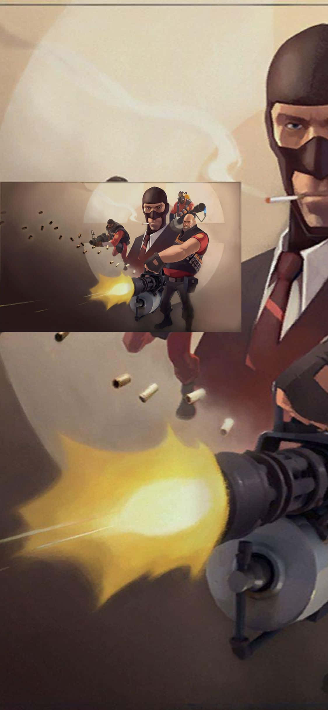 iPhone Xs Team Fortress 2 桌布 壁紙 — 一個風格化的遊戲角色在動態動作場景中開火，煙霧和子彈飛舞。