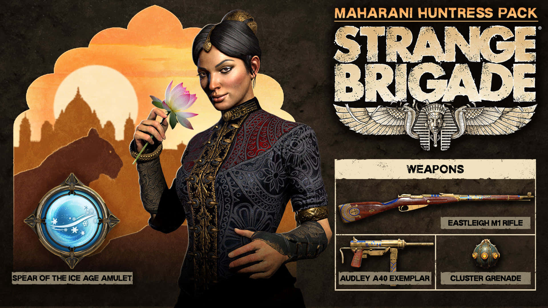 1920x1080 Strange Brigade 桌布 壁紙 — 一個風格化的遊戲角色在夕陽背景下手持粉紅色蓮花，背景有宮殿輪廓和武器展示。