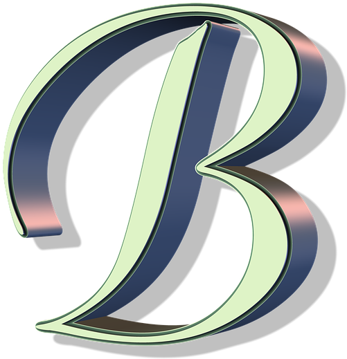 字母B 桌布 壁紙 — 一個風格化的金屬字母B，帶有綠色和藍色的漸變色調，背景為黑色。