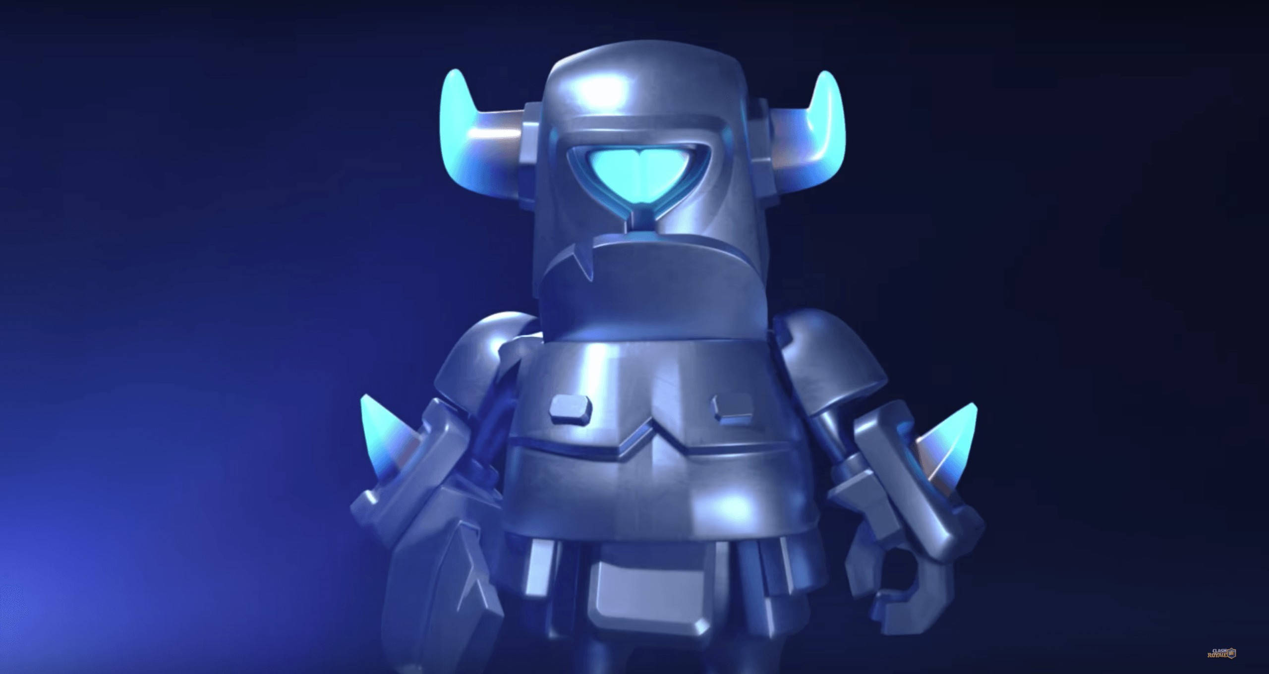 Clash Royale 桌布 壁紙 — 一個風格化的金屬機器人，擁有發光的藍色眼睛和角，站在深藍色漸變背景前。