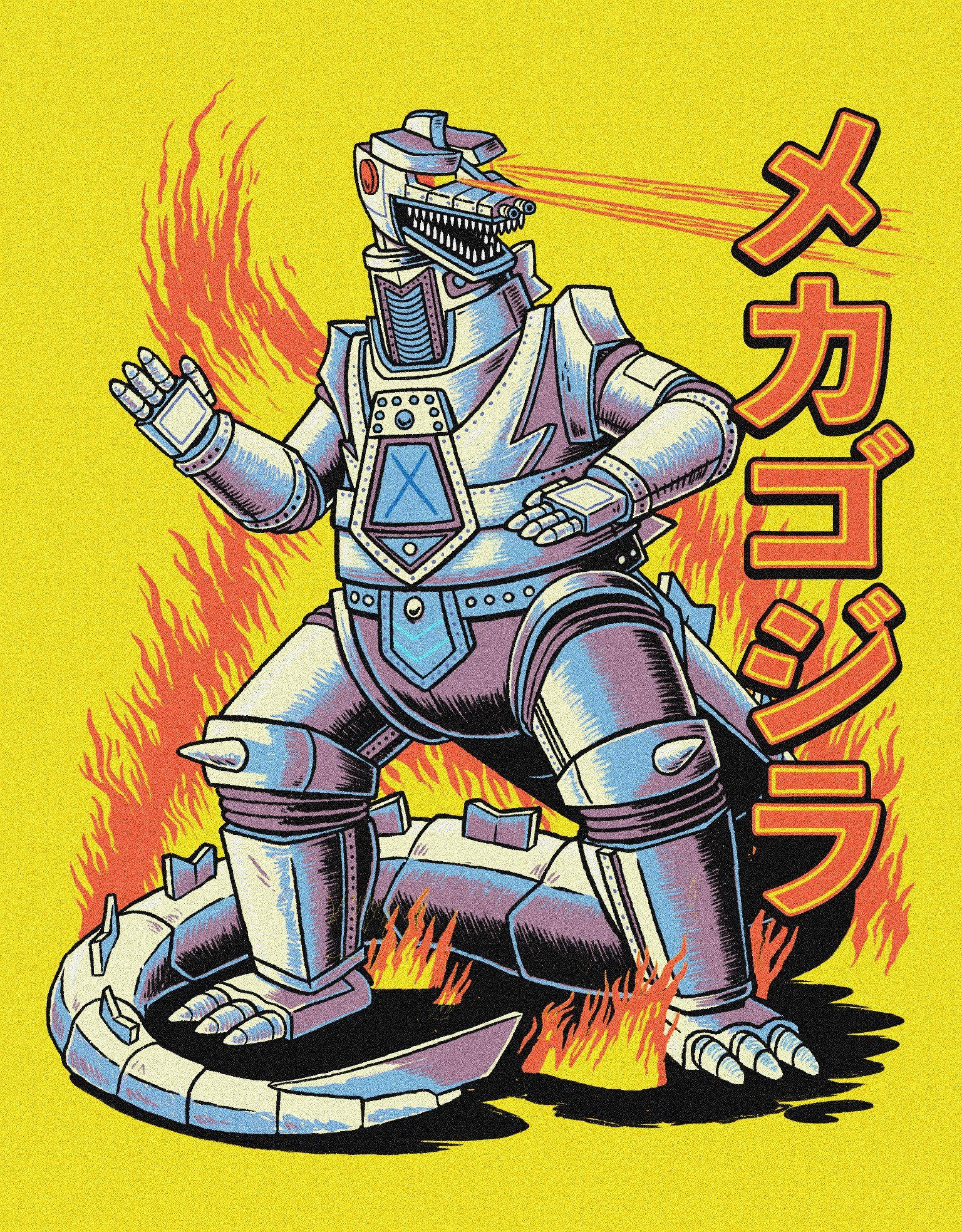 mechagodzilla 桌布 壁紙 — 一個風格化的金屬機器人怪獸在明亮的黃色背景前，伴隨著日文字，在熊熊烈火中踐踏。