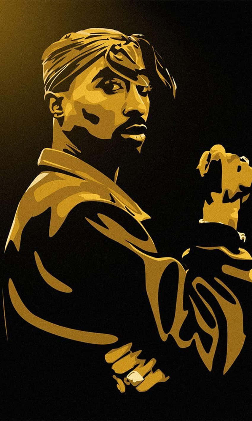 桌布 壁紙 — 一個風格化的金色剪影，Tupac Shakur 側面輪廓，背景深色，手持麥克風，表情強烈。