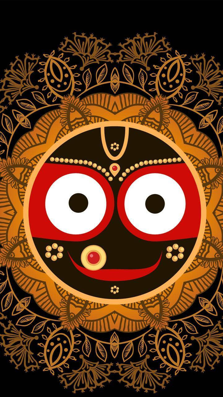 Jagannath 桌布 壁紙 — 一個風格化的金色和黑色插圖面孔，有大白色眼睛和紅色微笑，周圍環繞著華麗的花卉圖案。