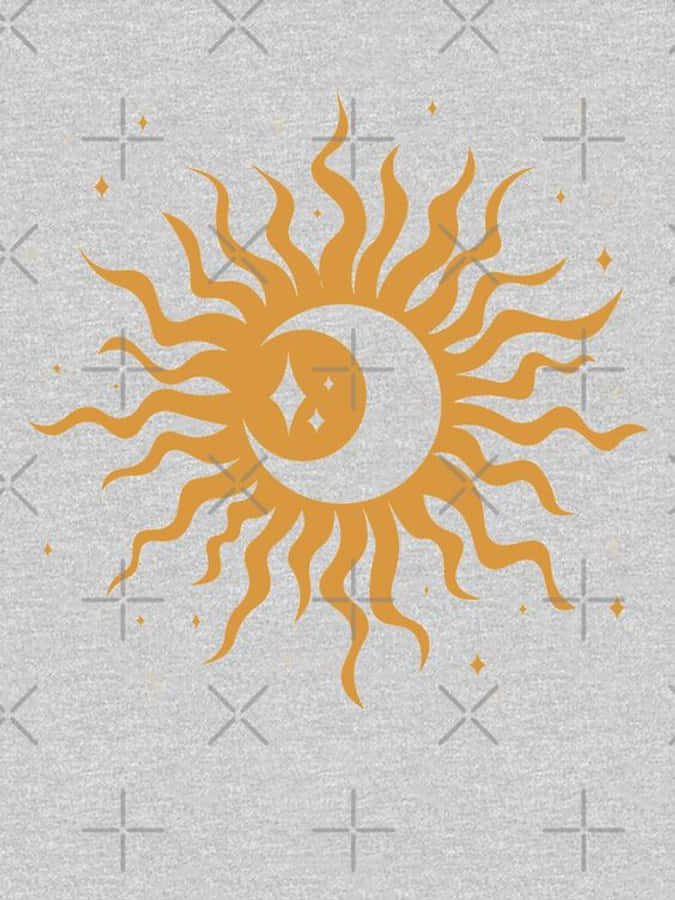 Sun And Moon Aesthetic 桌布 壁紙 — 一個風格化的金色太陽，帶有波浪狀光線，環繞著一個在中央持有鑽石的彎月，背景為有紋理的灰色。