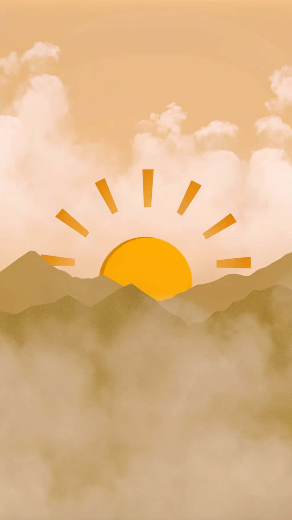 太陽 桌布 壁紙 — 一個風格化的金色太陽在層疊的山脈剪影後方，透過柔和的米色雲層升起。