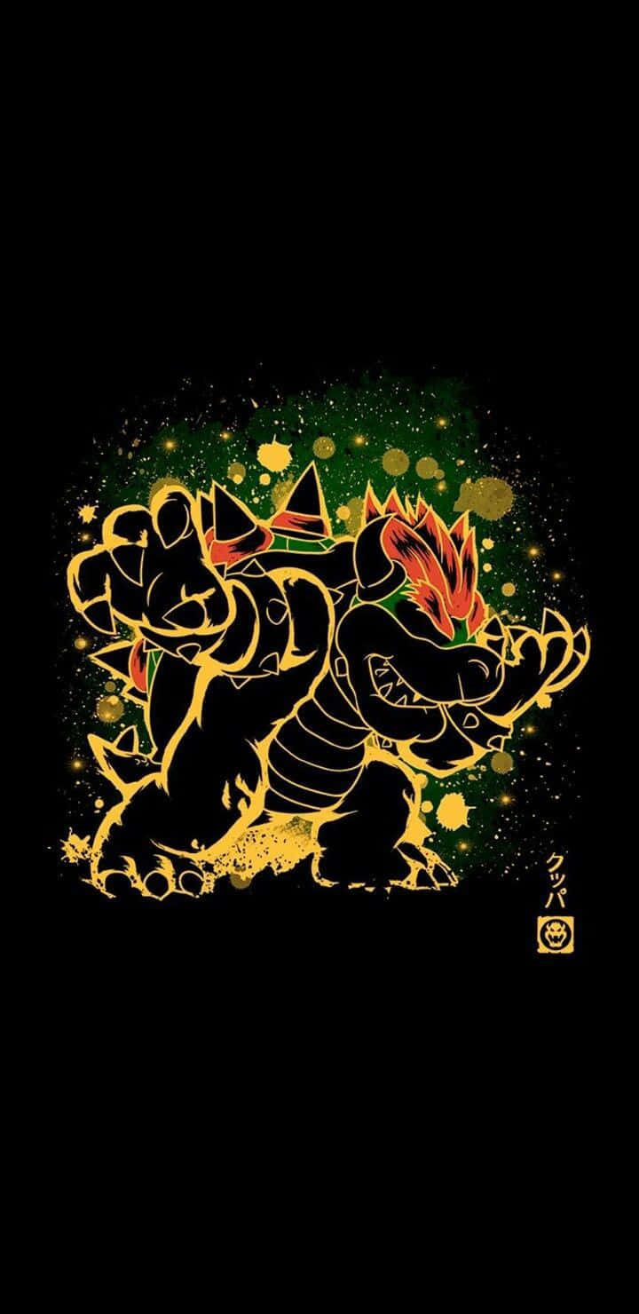 bowser 桌布 壁紙 — 一個風格化的金色庫巴，帶有火紅的尖刺和綠色閃光，在黑色背景上爆發。