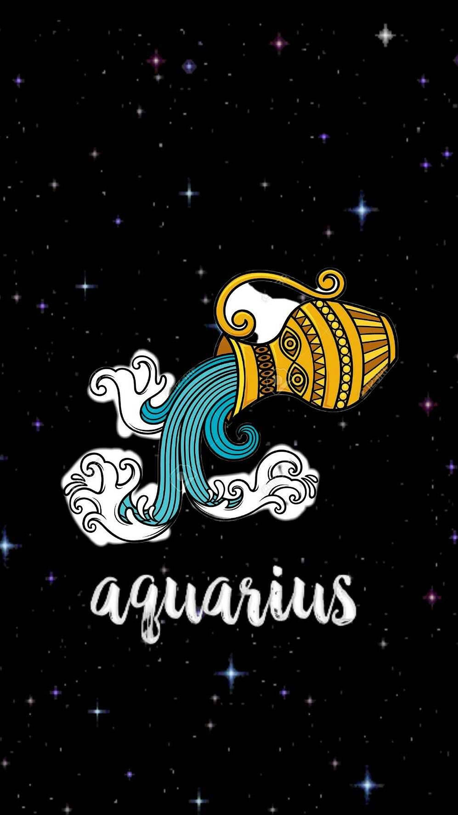 aquarius 桌布 壁紙 — 一個風格化的金色水壺在繁星點點的夜空下傾倒出鮮豔的藍色波浪，下方有aquarius字樣。