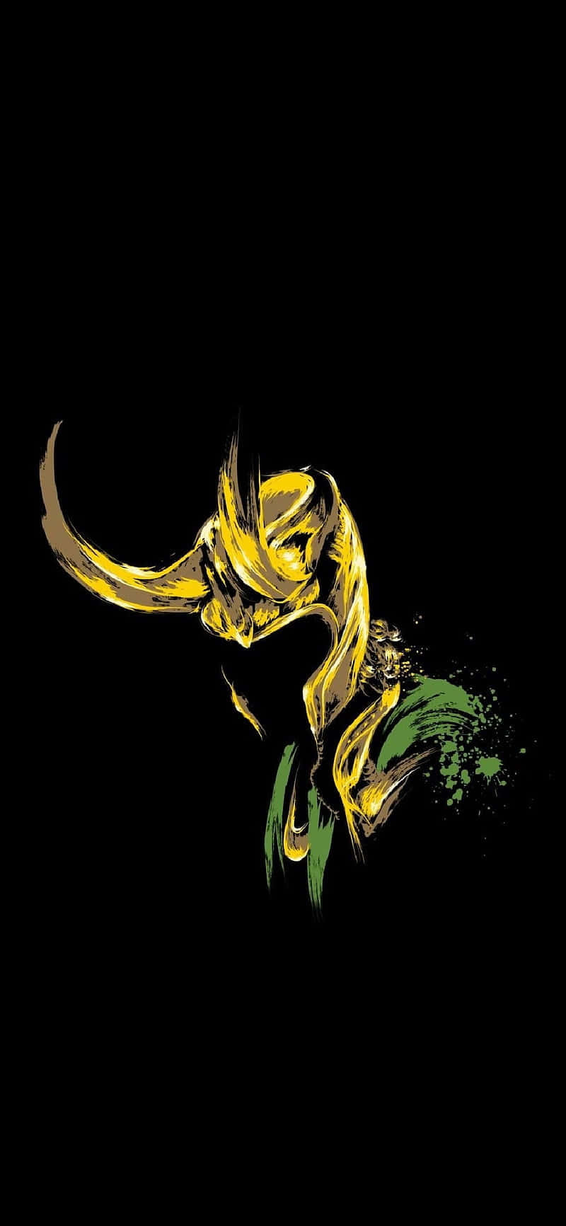 Marvel Loki 桌布 壁紙 — 一個風格化的金色洛基，頭上有角，身穿綠色斗篷，從黑暗中出現，形成一幅動態的漫畫插圖。