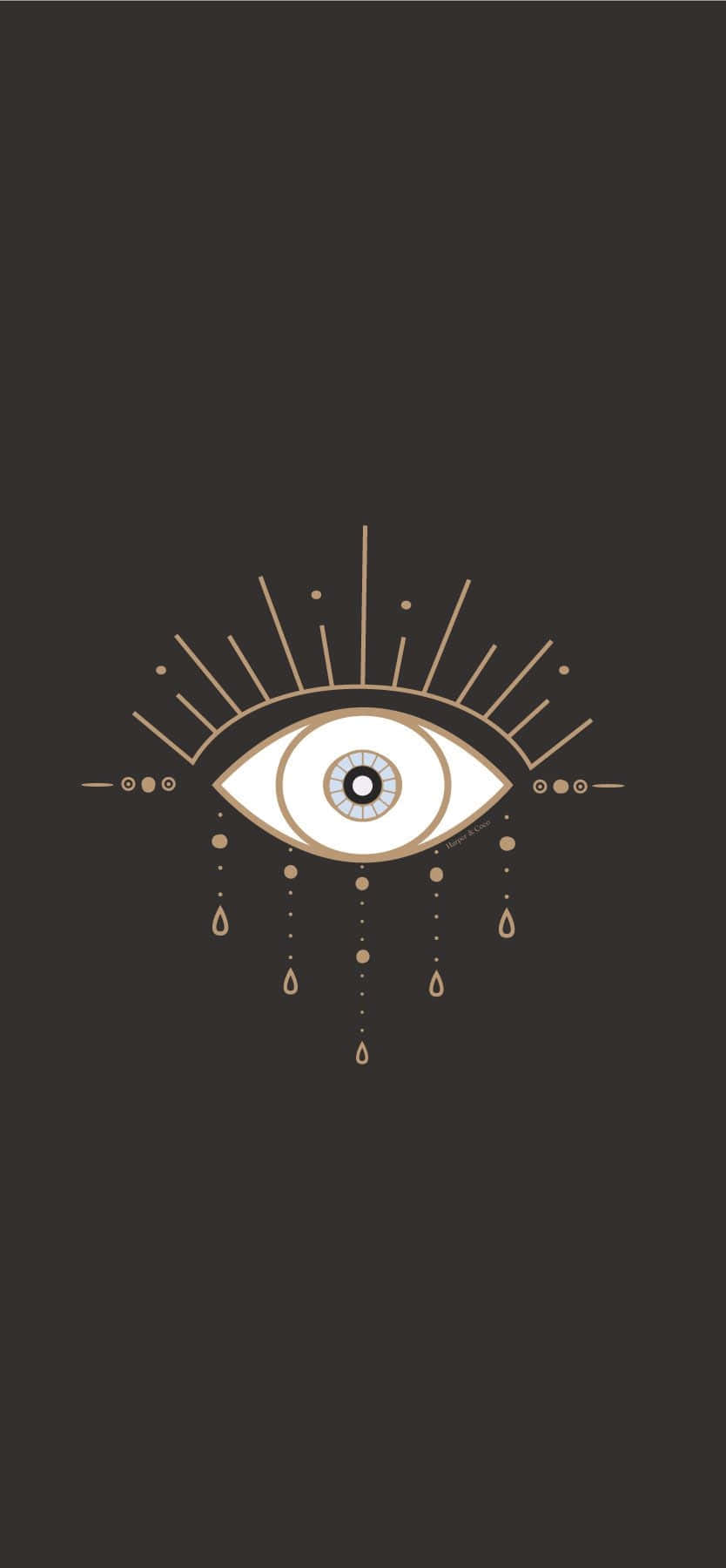 Evil Eye 桌布 壁紙 — 一個風格化的金色眼睛，帶有放射線和懸垂的淚珠，居中在深棕色背景上。