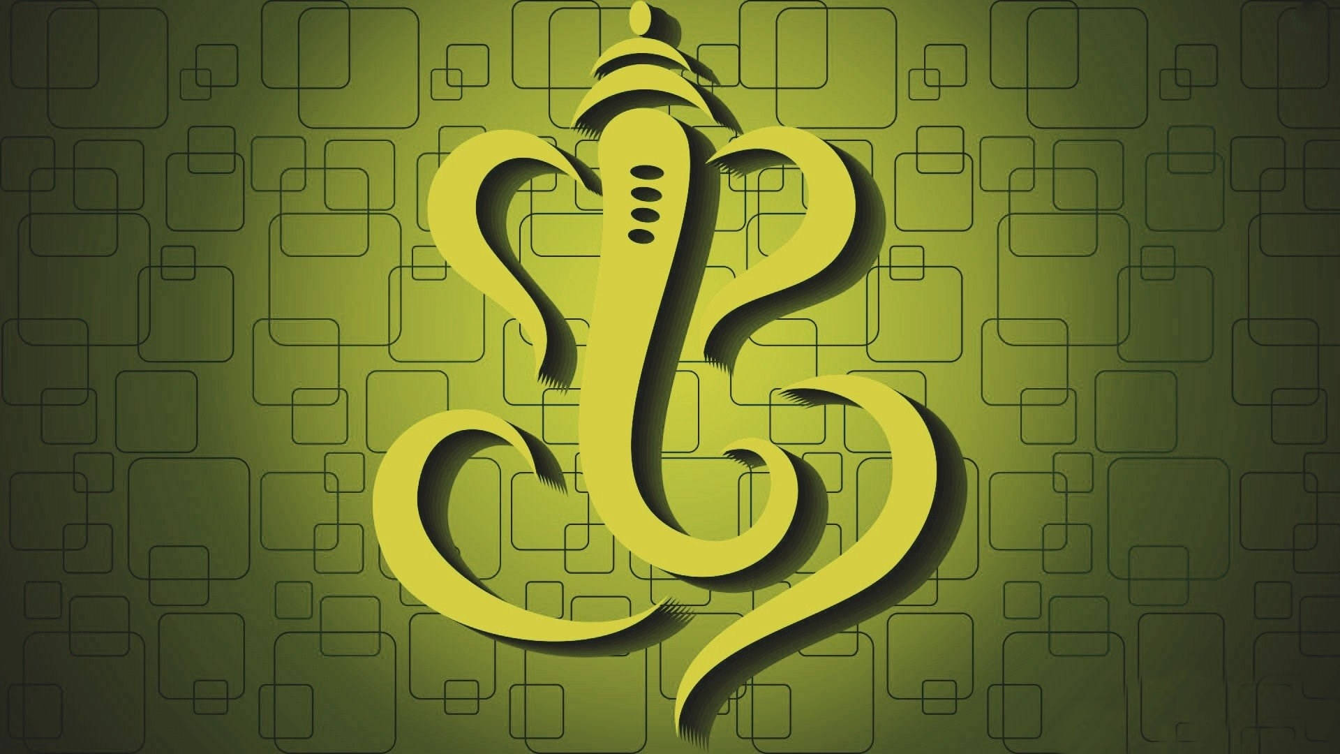 Ganesh 桌布 壁紙 — 一個風格化的金色象神雕像，帶有流暢的曲線，矗立在帶有幾何方形圖案的綠色背景上。
