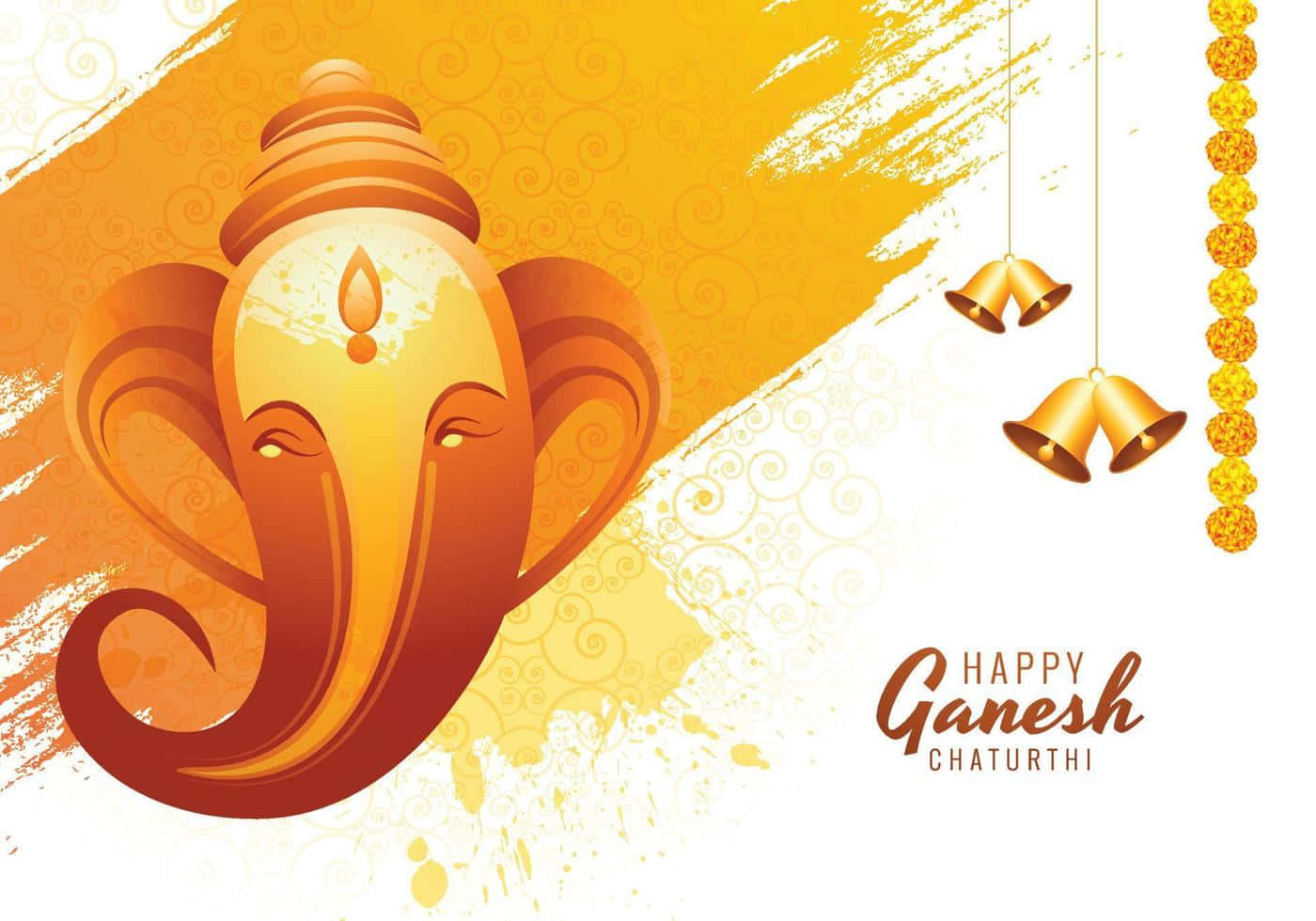 Ganesh Chaturthi 桌布 壁紙 — 一個風格化的金色象神頭像，閉著眼睛，掛著鈴鐺，背景是充滿活力的橙色和白色筆觸。