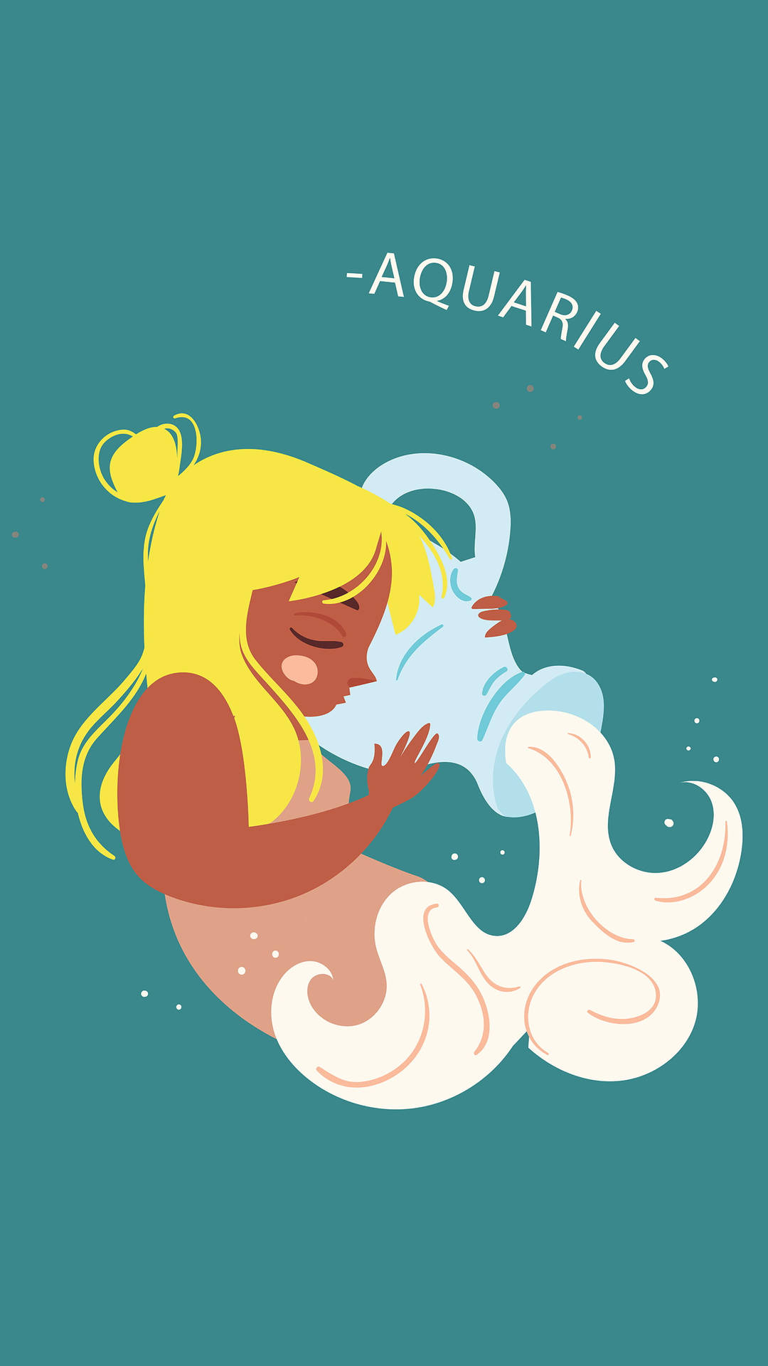aquarius 桌布 壁紙 — 一個風格化的金髮美人魚，在帶有水瓶座標籤的藍綠色背景上從水壺中倒水。