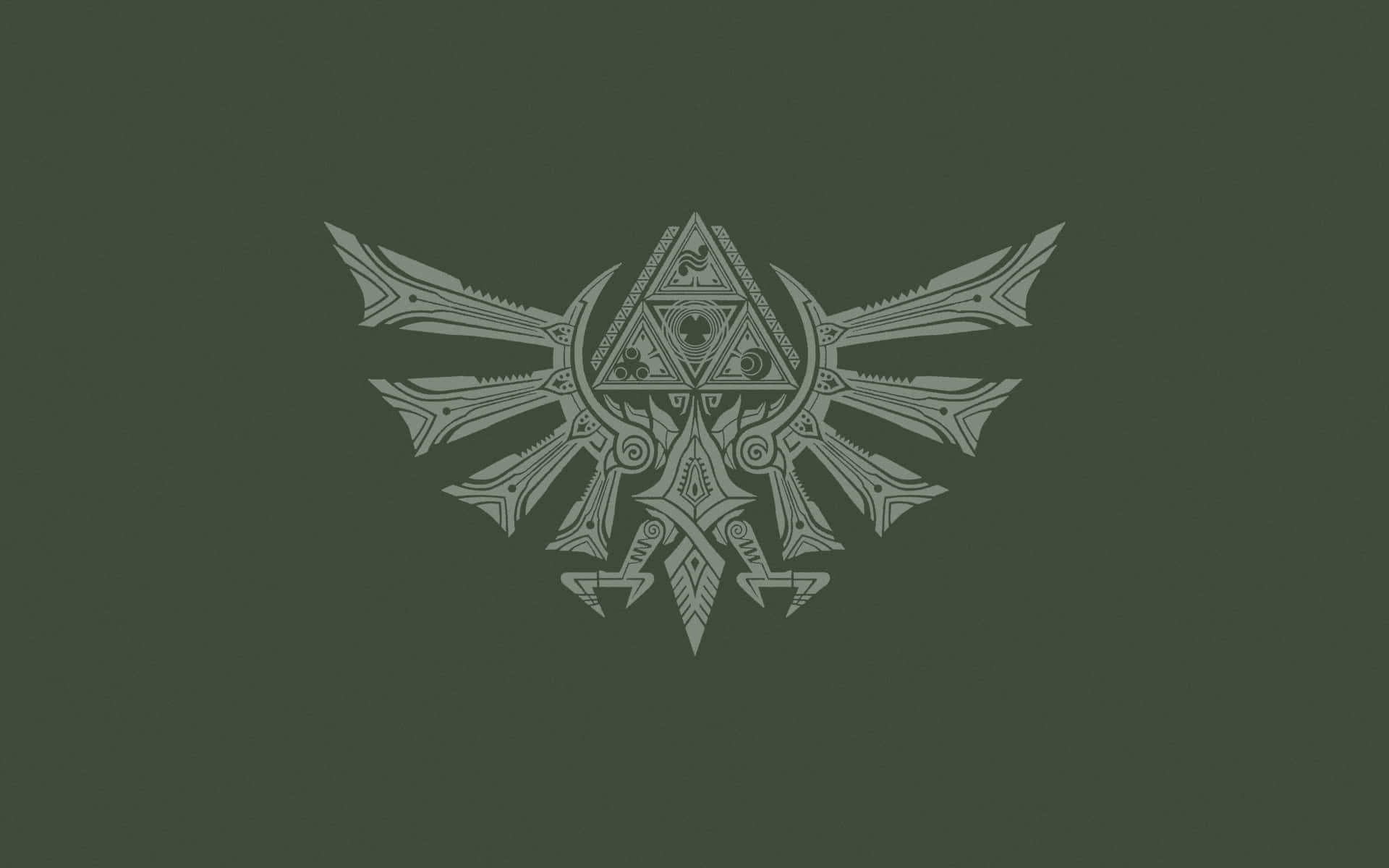 The Legend Of Zelda Hyrule 桌布 壁紙 — 一個風格化的銀色三角力量徽章，帶有華麗的翅膀和劍，居中在深橄欖綠背景上。