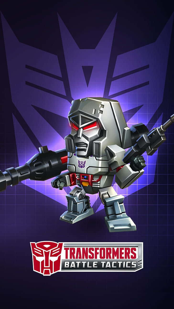 Cartoon Robot 桌布 壁紙 — 一個風格化的銀色和紅色機器人戰士手持武器，準備好對抗發光的紫色 Decepticon 標誌背景。