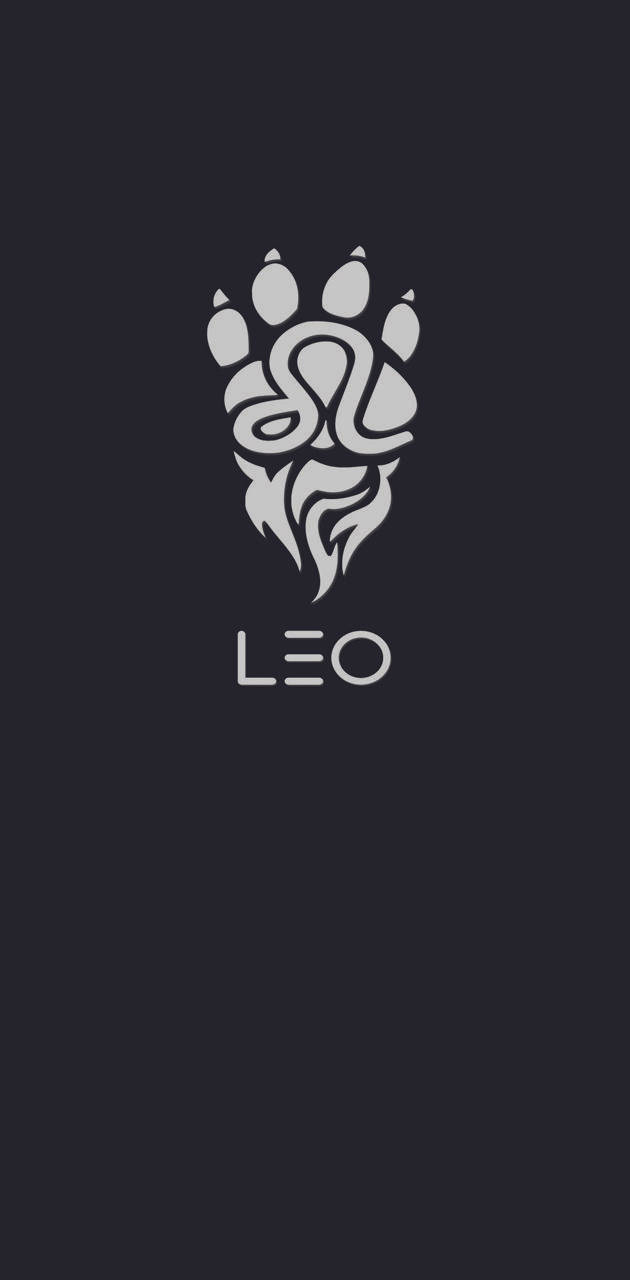 Leo 桌布 壁紙 — 一個風格化的銀色獅子爪印標誌，帶有整合的漩渦和鬍鬚設計，居中位於深色背景上的 LEO 字樣上方。