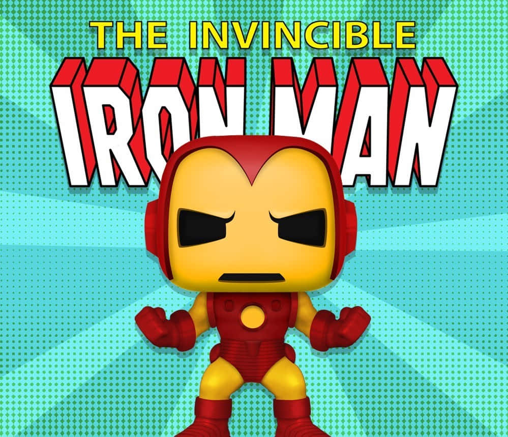 Iron Man Pop Figures 桌布 壁紙 — 一個風格化的鋼鐵人 Funko Pop 人偶自信地站在青綠色半色調背景前，帶有粗體漫畫文字。