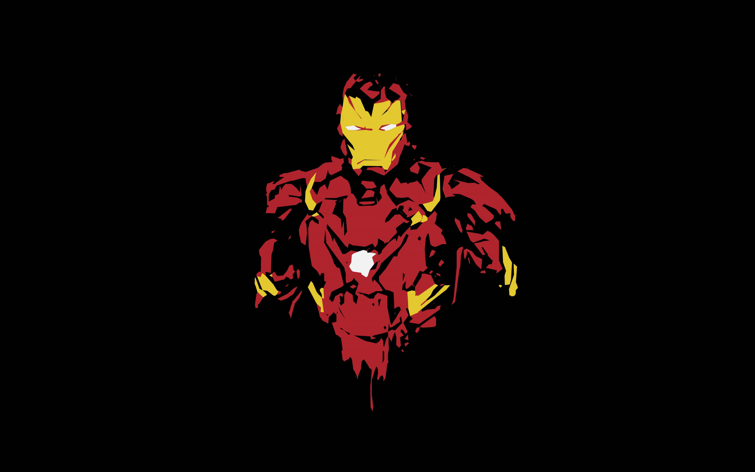 Iron Man Logo 桌布 壁紙 — 一個風格化的鋼鐵人公仔，身穿紅色和金色裝甲，站在純黑色背景上，眼睛和胸部弧形反應爐發光。
