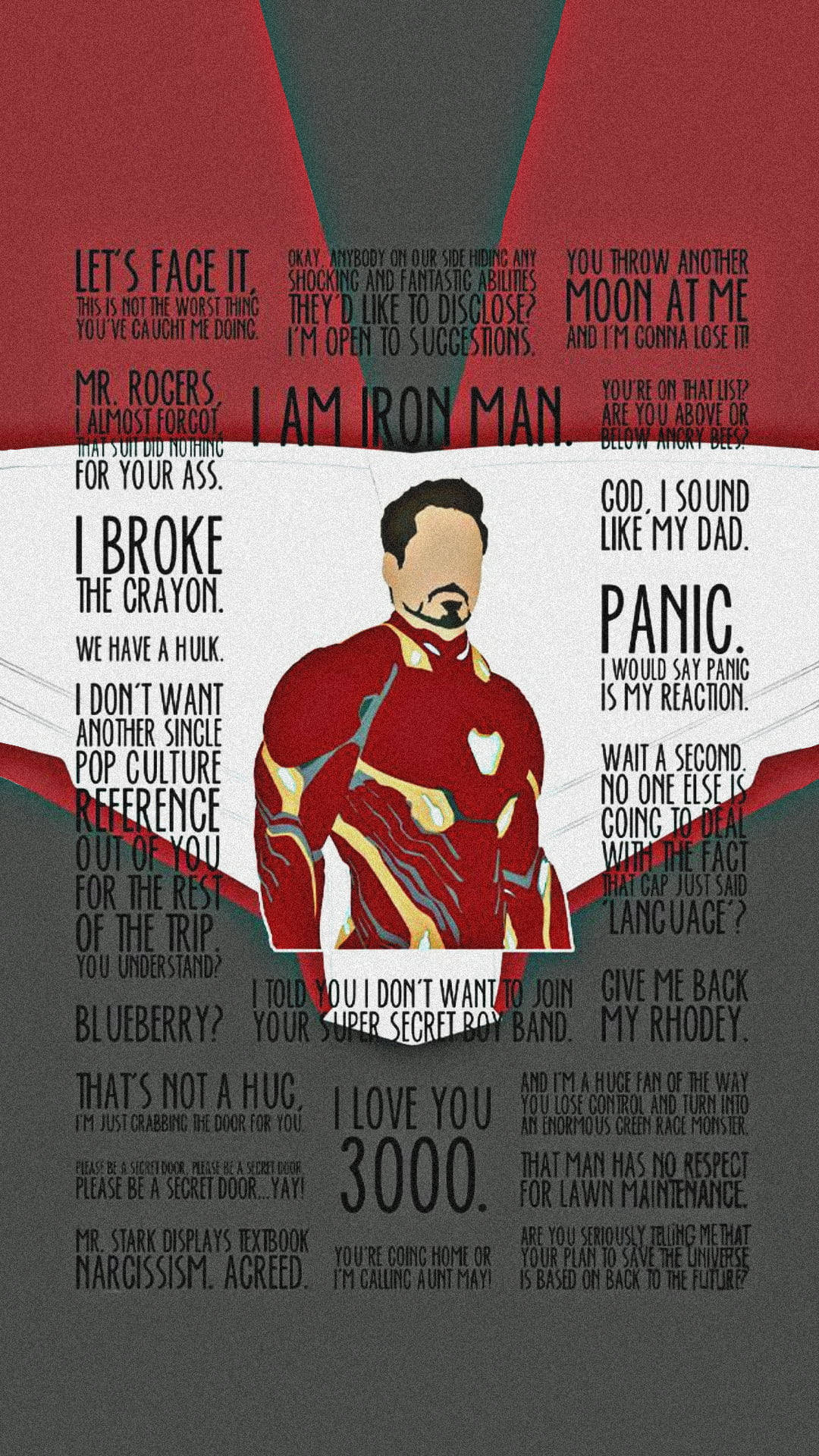 tony stark 桌布 壁紙 — 一個風格化的鋼鐵人圖形，被幽默的流行文化語錄包圍，背景為紅、白、灰色。