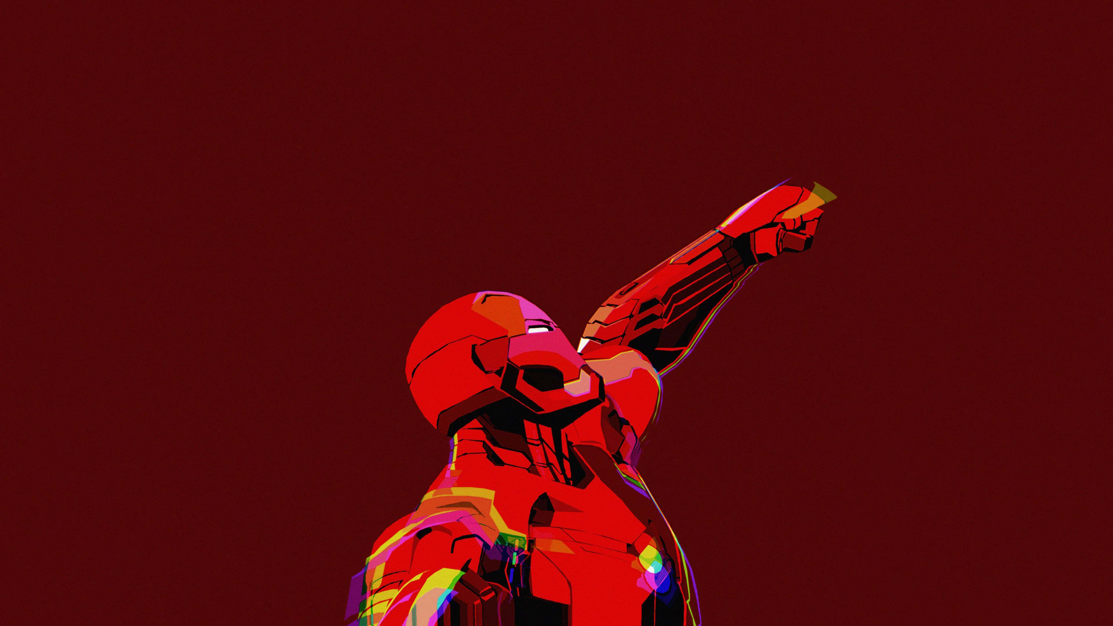 Minimal Art 桌布 壁紙 — 一個風格化的鋼鐵人穿著紅色裝甲，在深紅色背景上舉起拳頭，帶有發光點綴。