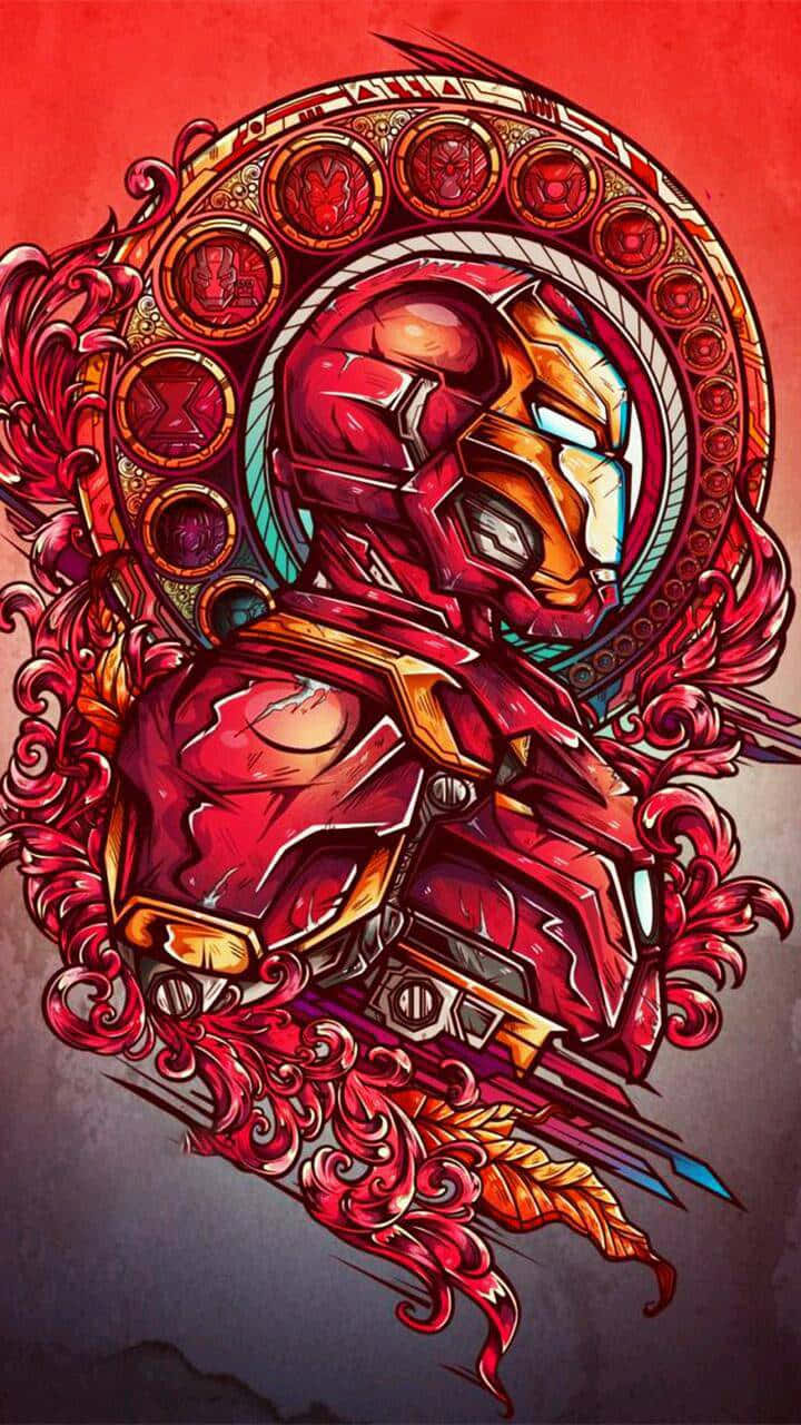 Iron Man Fan Art 桌布 壁紙 — 一個風格化的鋼鐵人頭盔，周圍環繞著華麗的紅色和金色圓形圖案以及旋轉的裝飾元素。