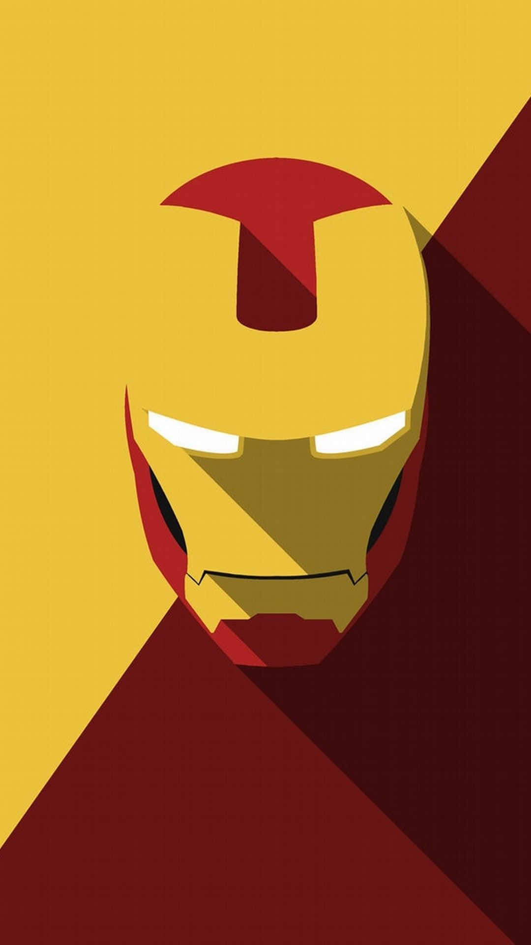Best Iron Man 桌布 壁紙 — 一個風格化的鋼鐵人頭盔，帶有發光的眼睛，襯以大膽的黃色和紅色幾何形狀。