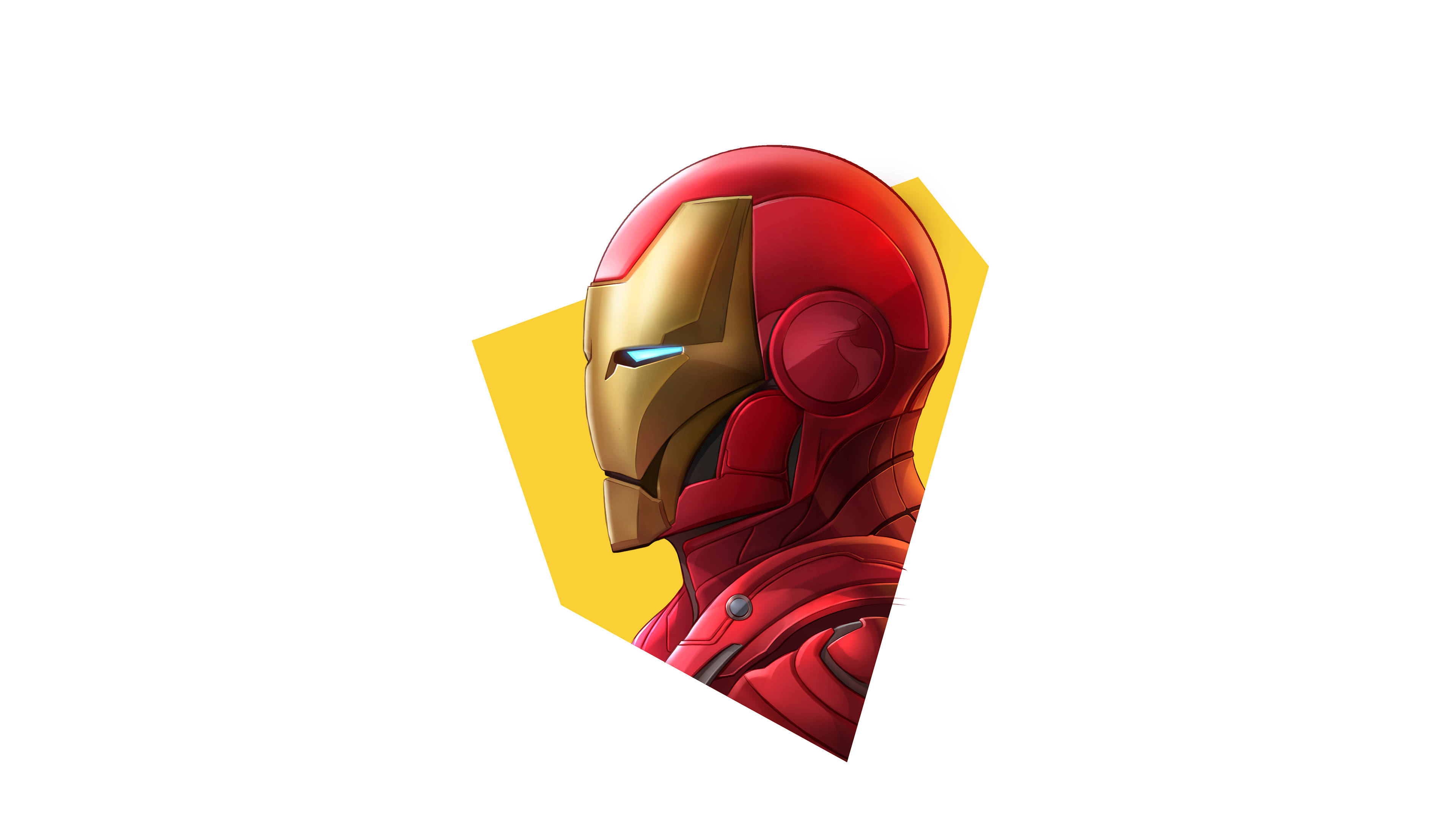 Iron Man Logo 桌布 壁紙 — 一個風格化的鋼鐵人頭盔，紅金色搭配發光藍色眼睛，置於大膽的黃色幾何背景上。