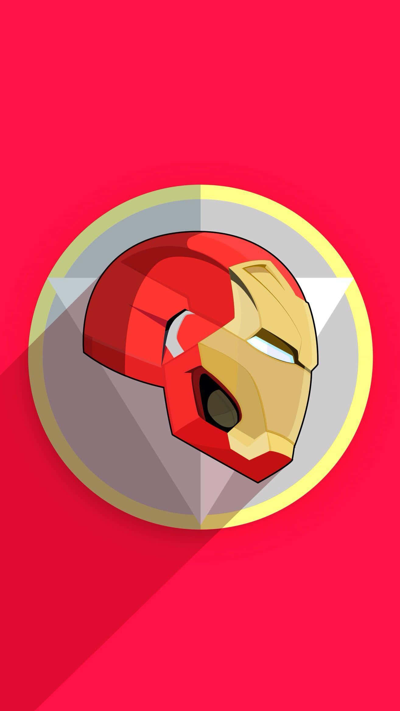 Iron Man Art 桌布 壁紙 — 一個風格化的鋼鐵人頭盔，紅金配色，位於圓形徽章中央，背景為鮮紅色。