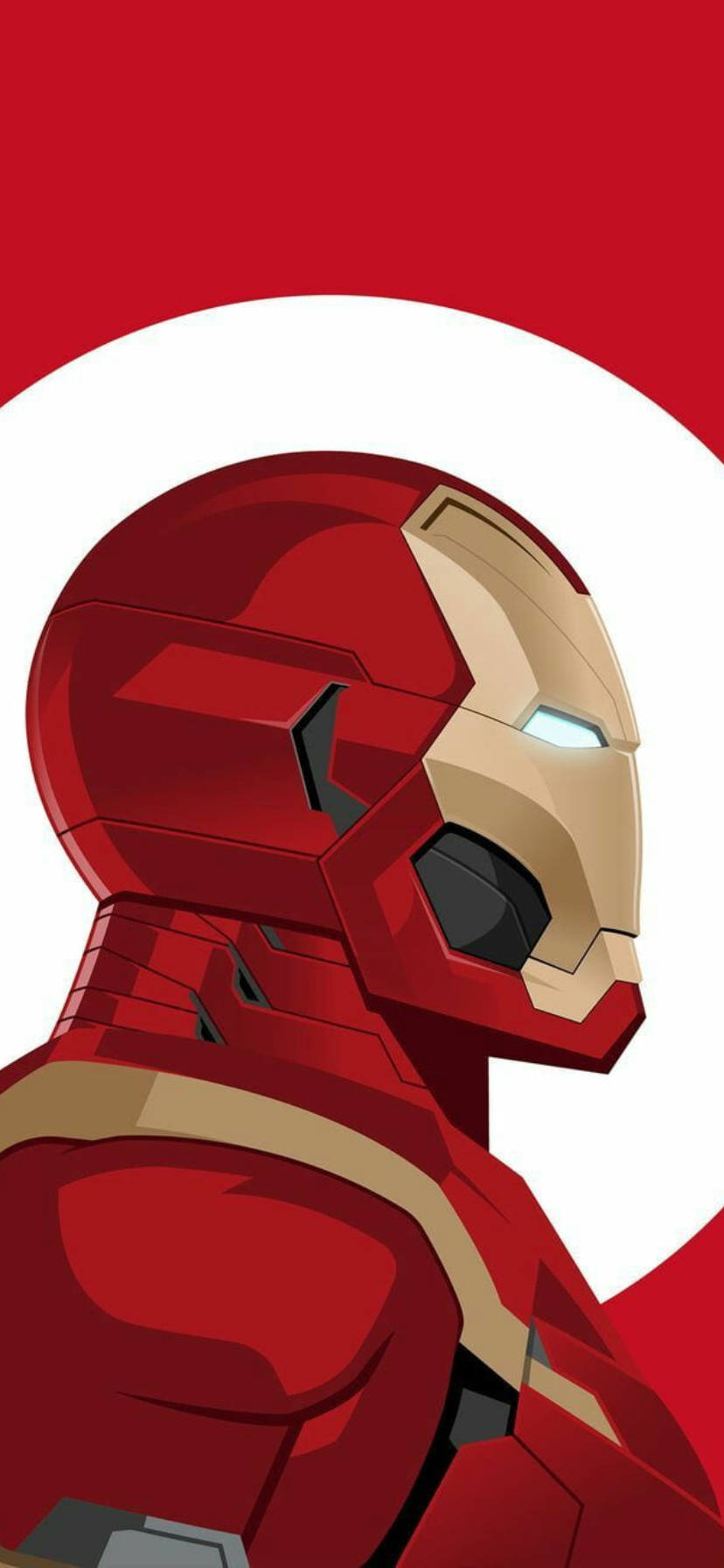 marvel iPhone xr 桌布 壁紙 — 一個風格化的鋼鐵人頭盔，紅金配色，發光的藍色眼睛，大膽的紅白背景。