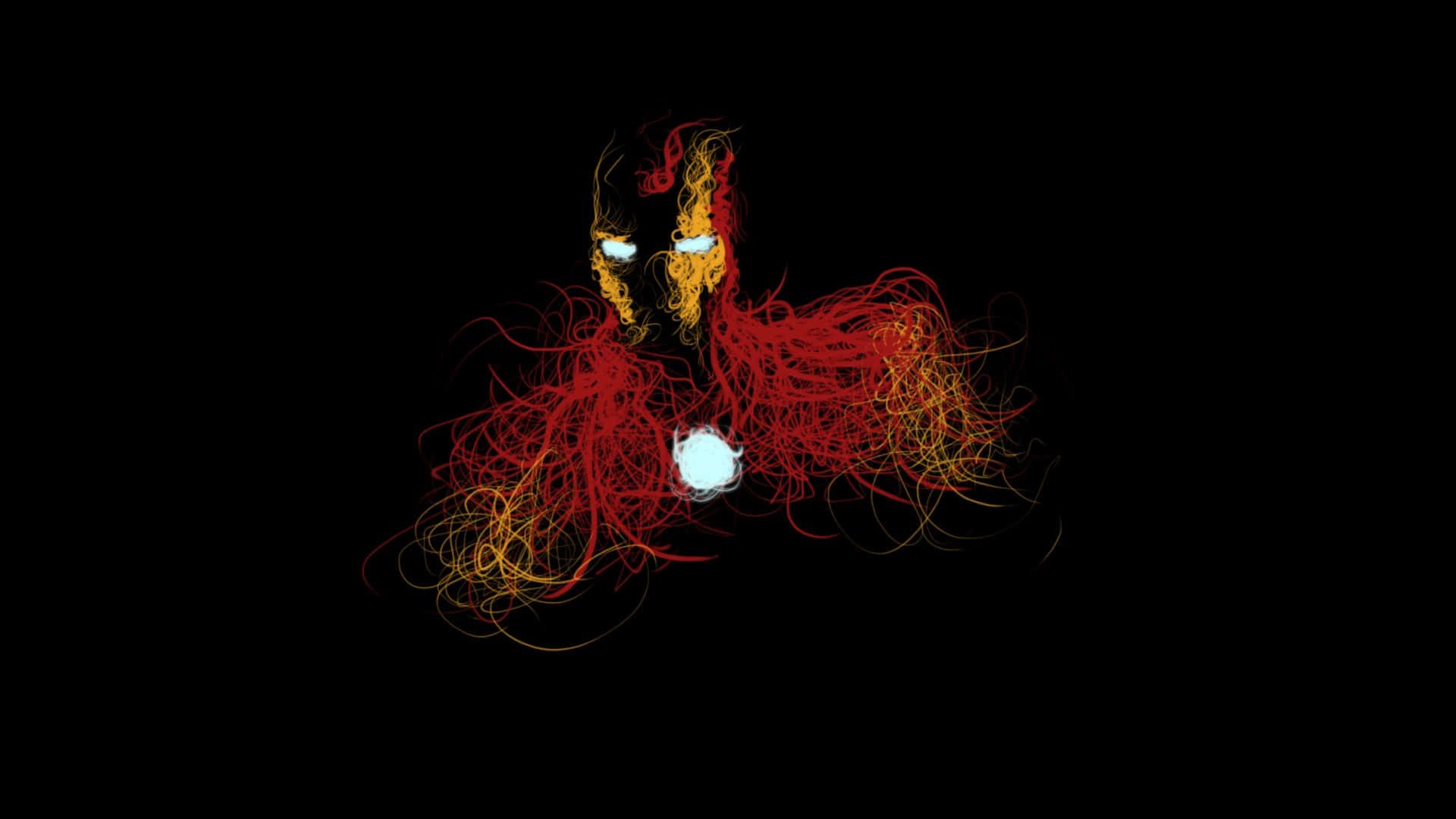 Iron Man Fan Art 桌布 壁紙 — 一個風格化的鋼鐵人頭盔從黑色背景上旋轉的紅色和金色能量線中浮現。