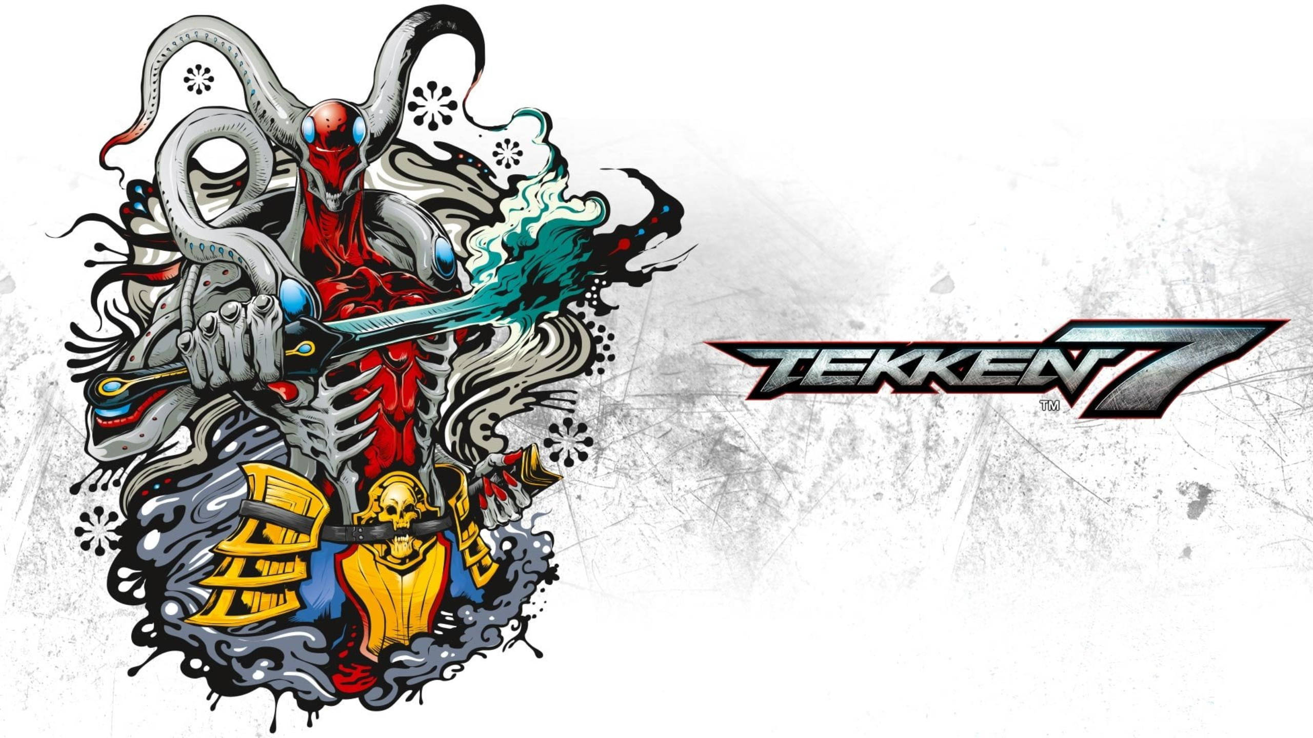 Tekken 桌布 壁紙 — 一個風格化的鐵拳7角色，帶有章魚觸手和劍，從墨水飛濺中浮現，背景是骯髒的白色。